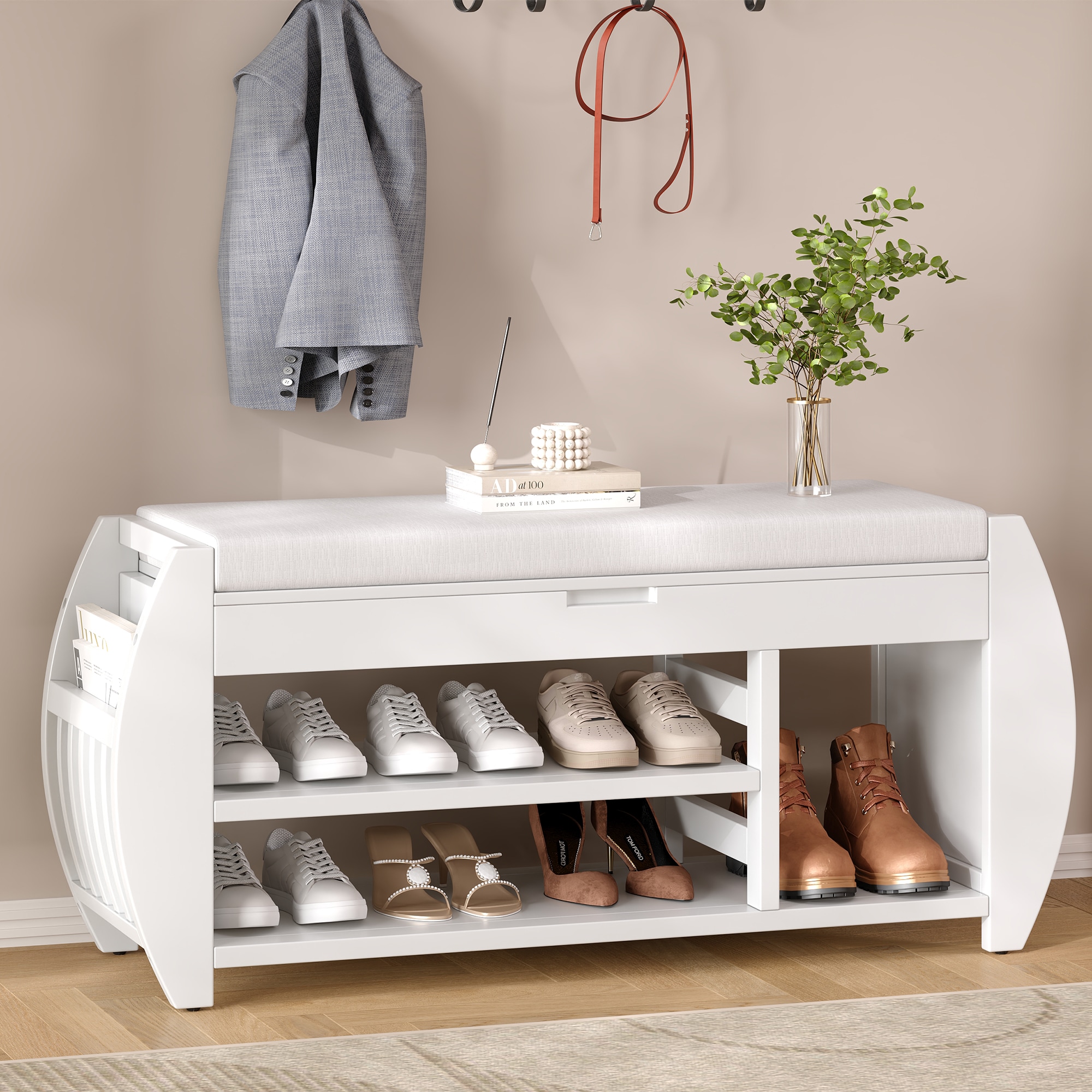 ModernLuxe N715P194061K Shoe Storage Bench Shoe Bench with Cushion and Curved Side Shoe Bench Retro Multifunctional Panel for Entryway and Living room Antique White