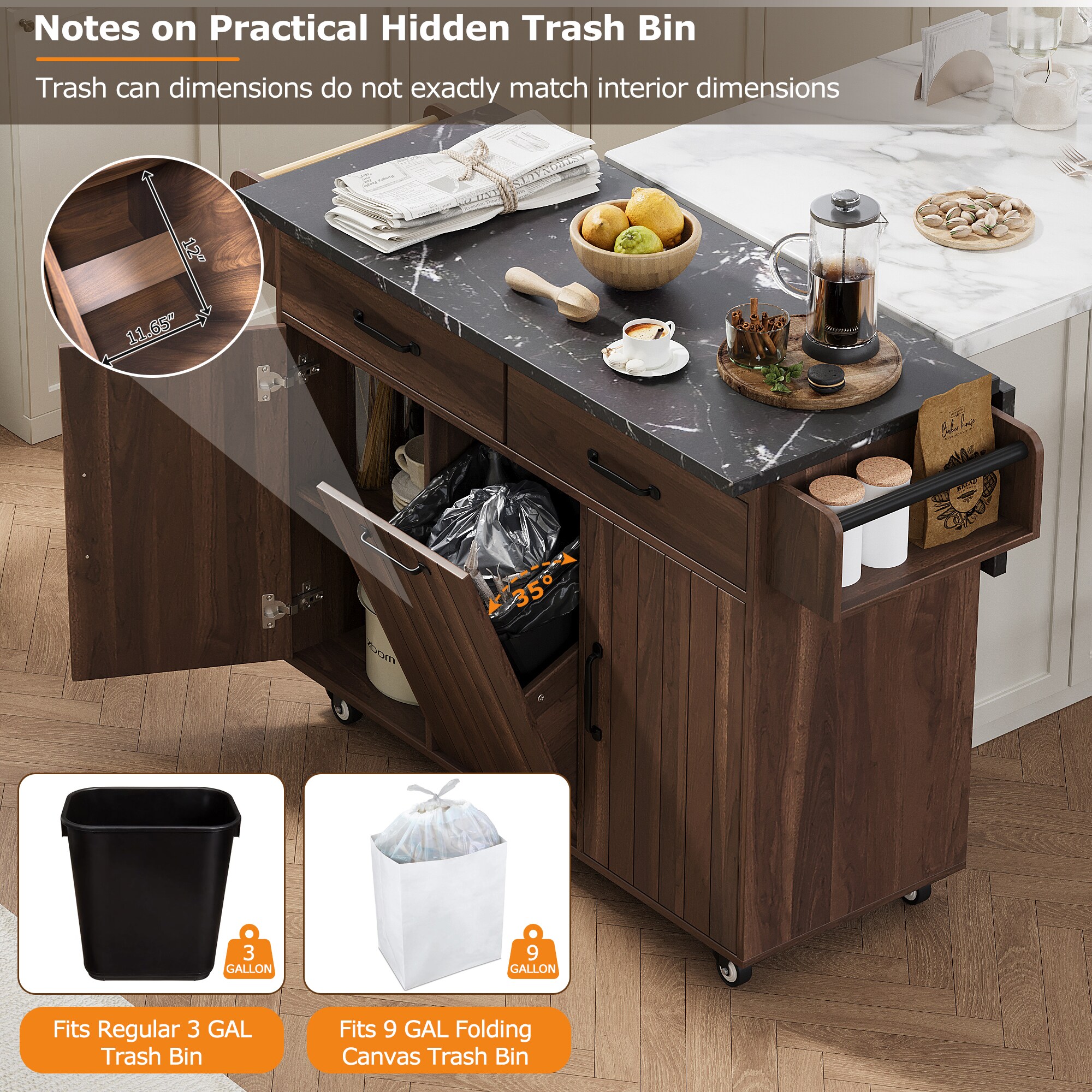 SINOFURN Brown Mdf Base with Mdf Wood Top Rolling Kitchen Cart (20.6-in x 51-in x 35-in)