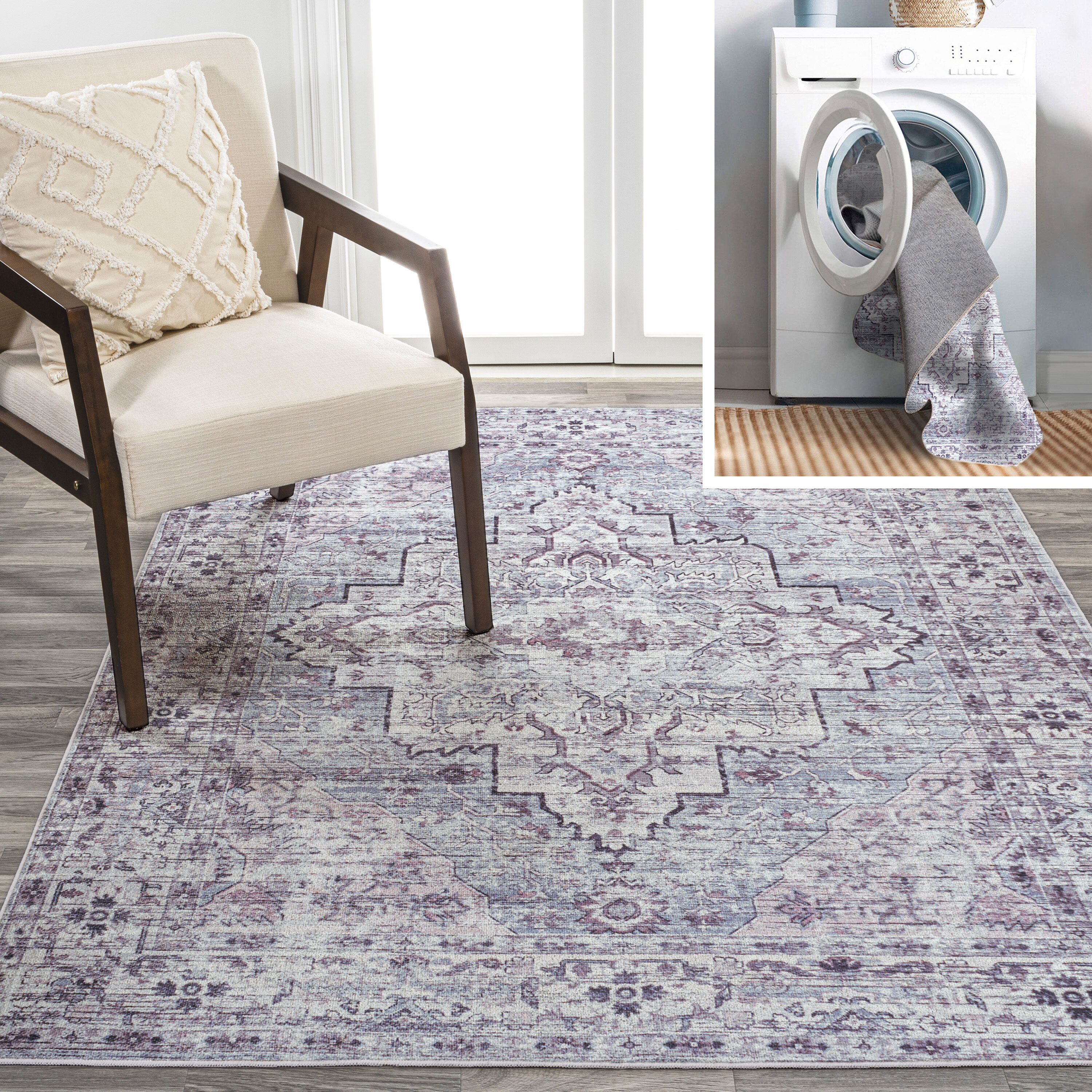 JONATHAN  Y WSH102A-8 WASHABLE Didim Boho Medallion 8 x 10 (ft) Loomed Polypropylene Gray/Purple Rectangular Indoor Border Farmhouse/Cottage Machine washable Area rug
