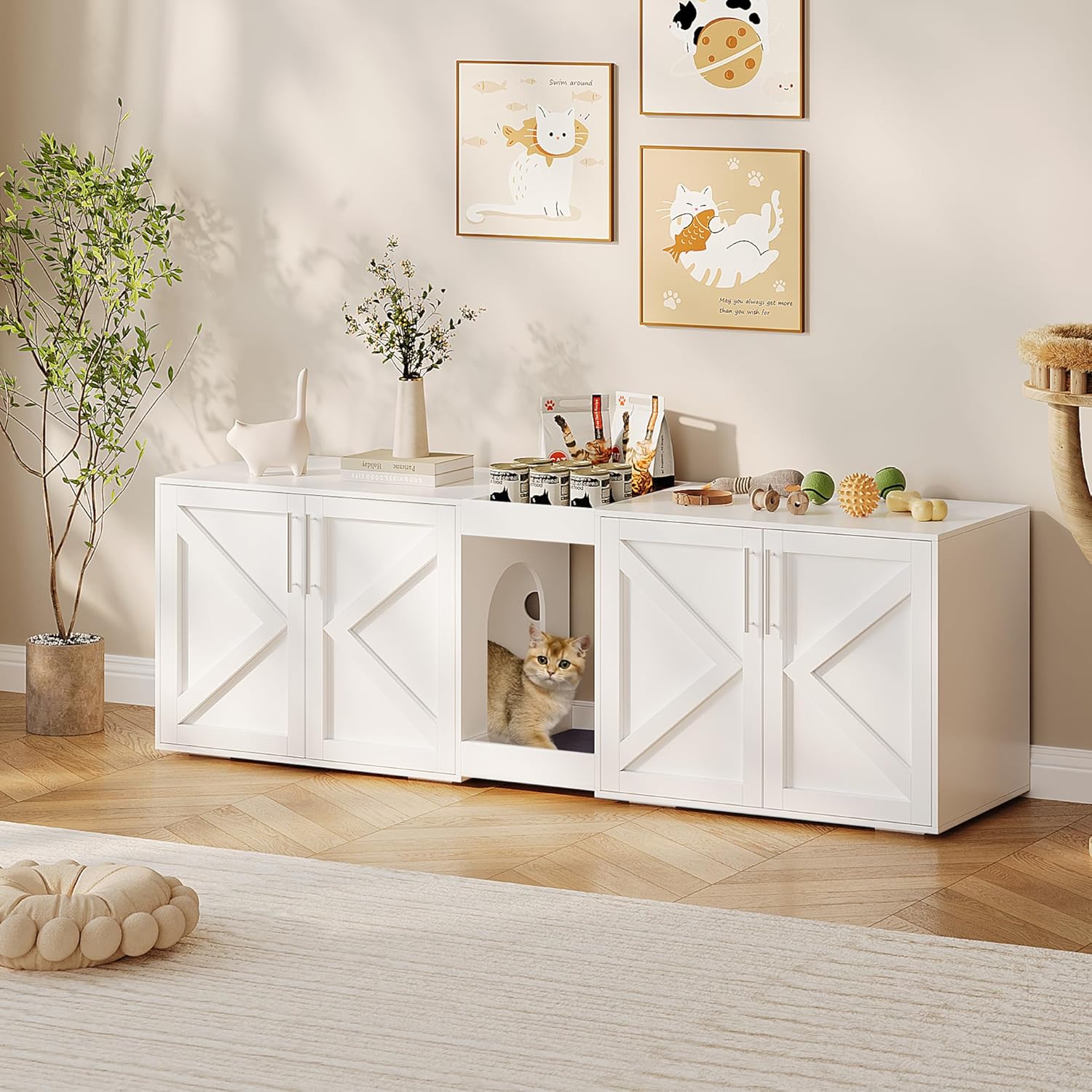 Garvee 55in Large Cat Litter Box Enclosure for 2 Cats Hidden Cat Litter Box Furniture with Double Room and Cushion Wooden Kitty Litter Box Cabinet Furniture White