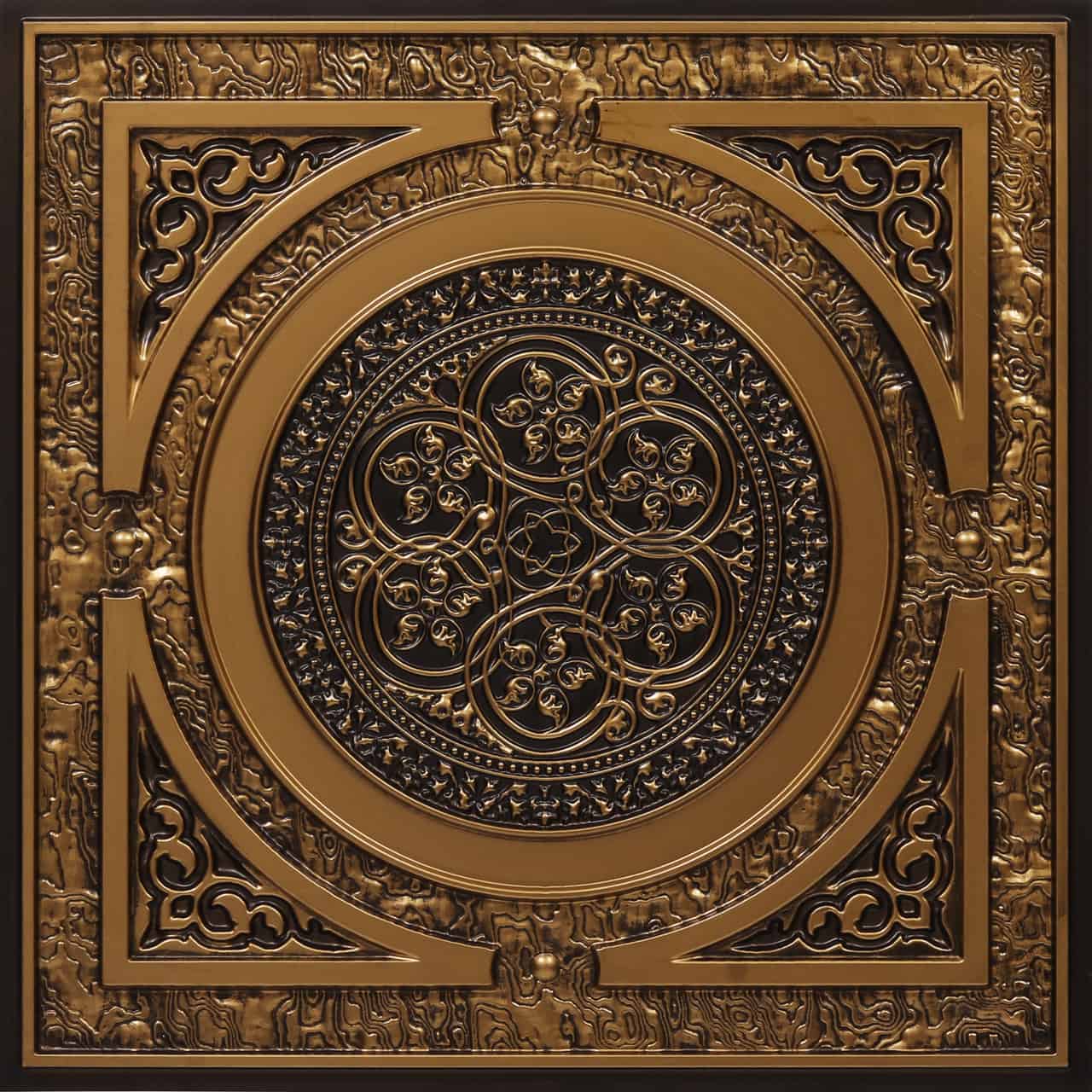 From Plain to Beautiful in Hours 225AG-24X24-10 2-ft x 2-ft Steampunk Faux Tin/PVC Antique Gold PVC Drop-in/Adhesive Ceiling Tile ( 10 -Pack, 40-Sq. Feet / Case )