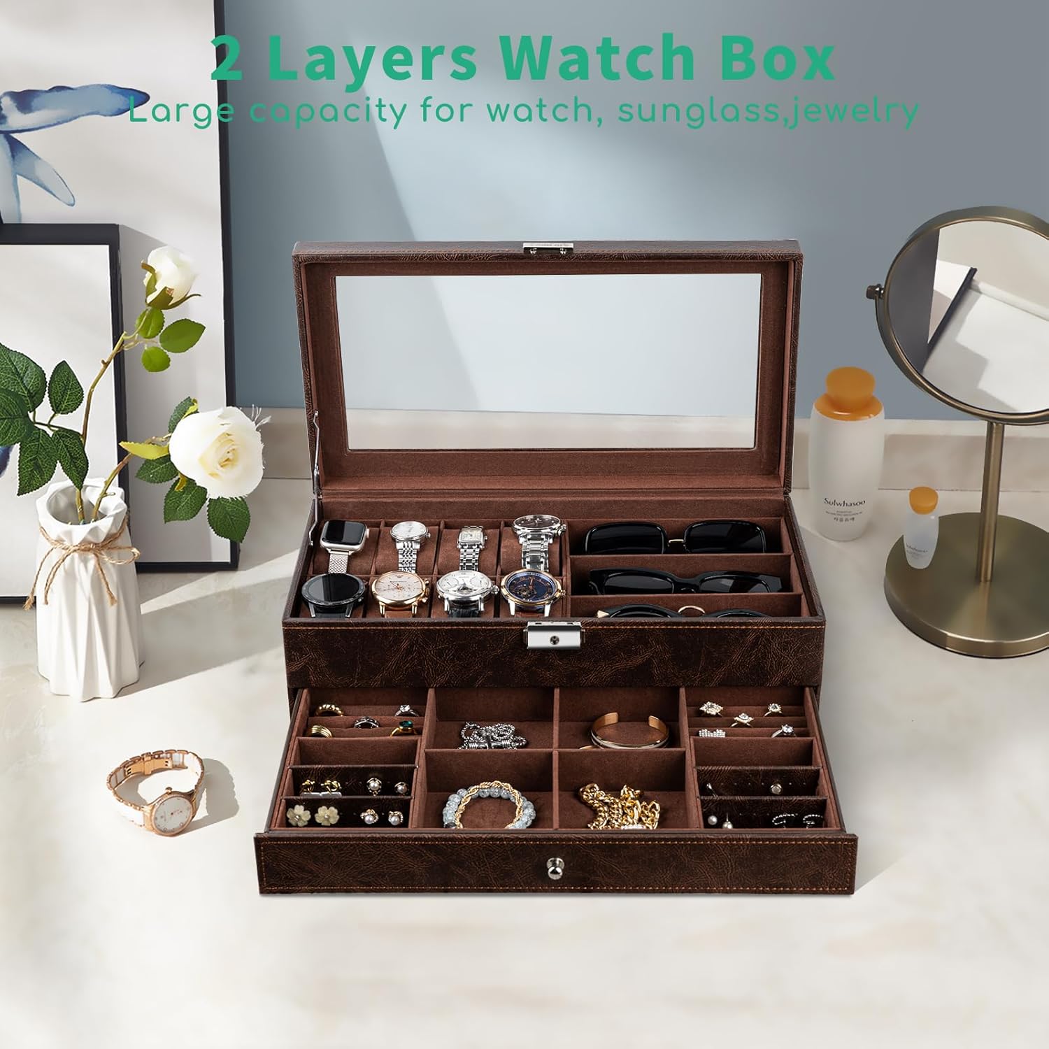 TomCare Watch Box 2 Tier Watch Case Jewelry Organizer Box with Thick ...