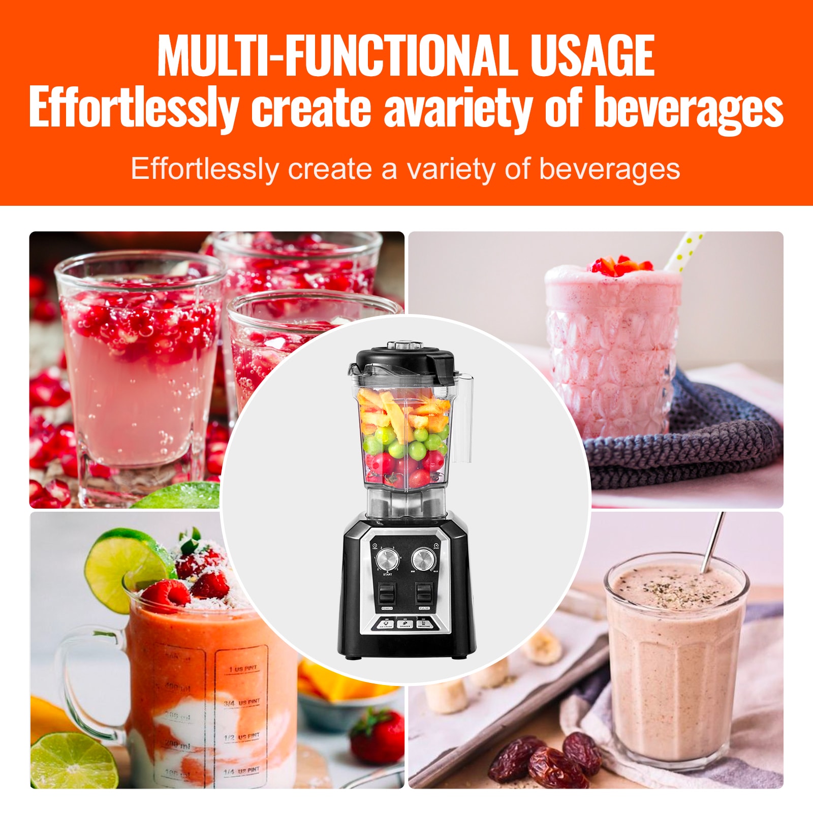 VEVOR Black Stainless Steel Commercial Countertop Blender with Variable Speed