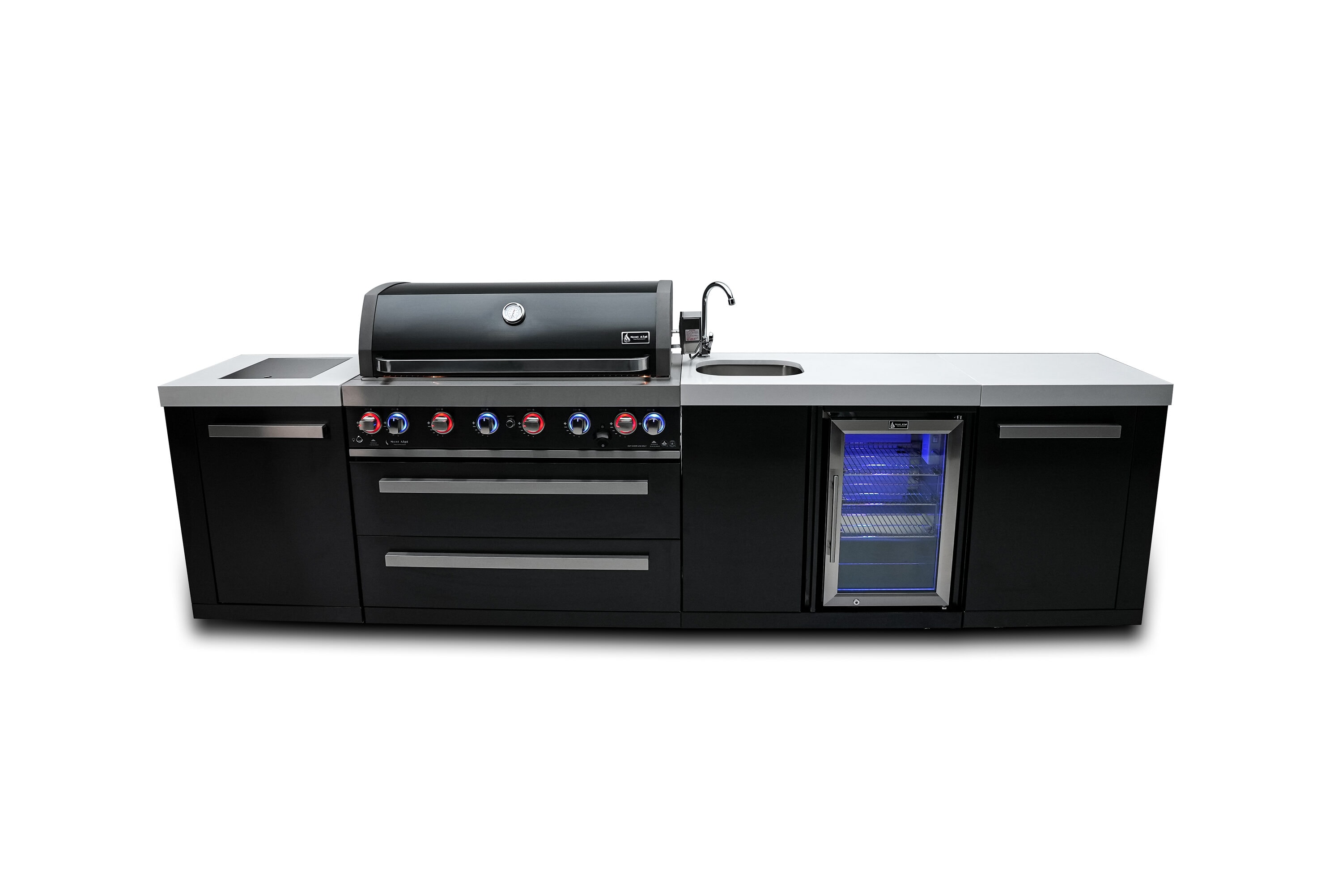 Mont Alpi MAI805-BSSBEV 805 Black Series 4 -Piece 120-in W x 23-in D x 46-in H Modular Outdoor Kitchen Grill with bar/counter top 6 Burners