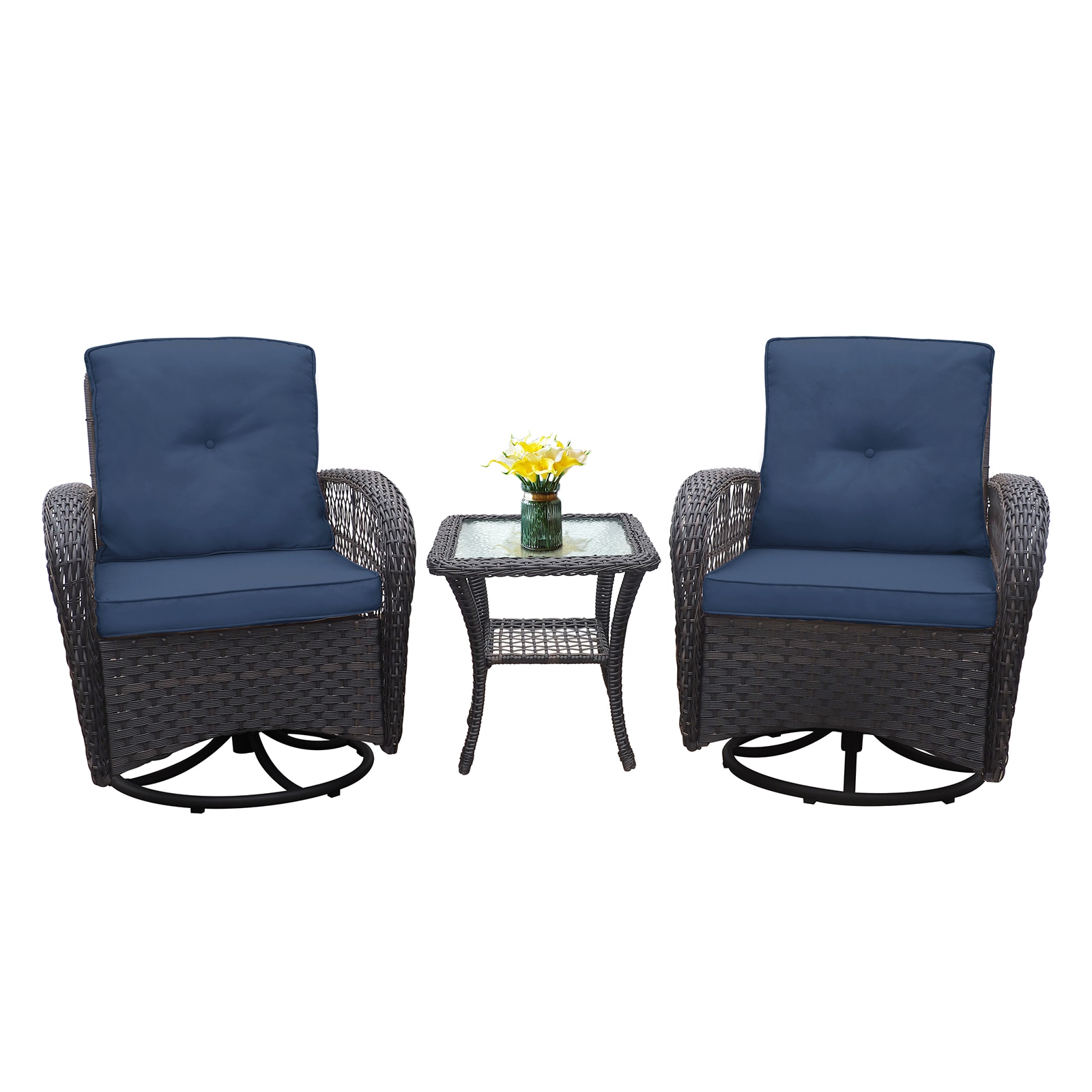Damerin PCB06N735 Patio Furniture Sets Set of 2 Wicker Navy Blue Metal Frame Swivel rocker Rocking Chair with Blue Cushioned Seat