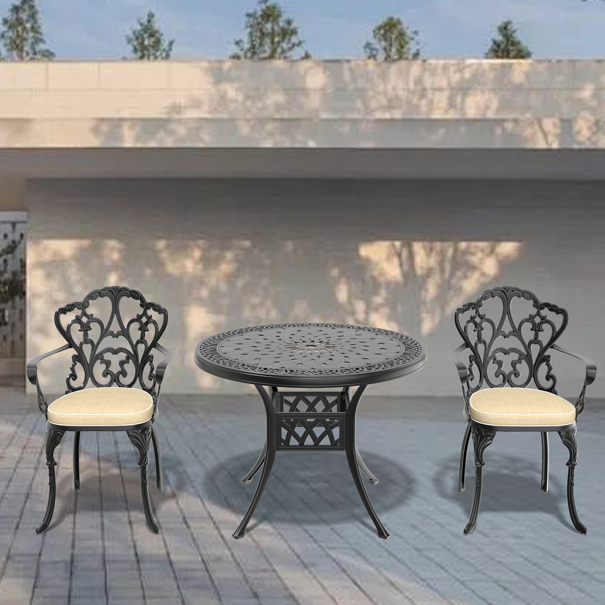 nicesure SLBK6047CZ2A1172RC 3 -Piece Black Patio Dining Set Aluminum Round Table with 2 Cushions Stationary Chairs