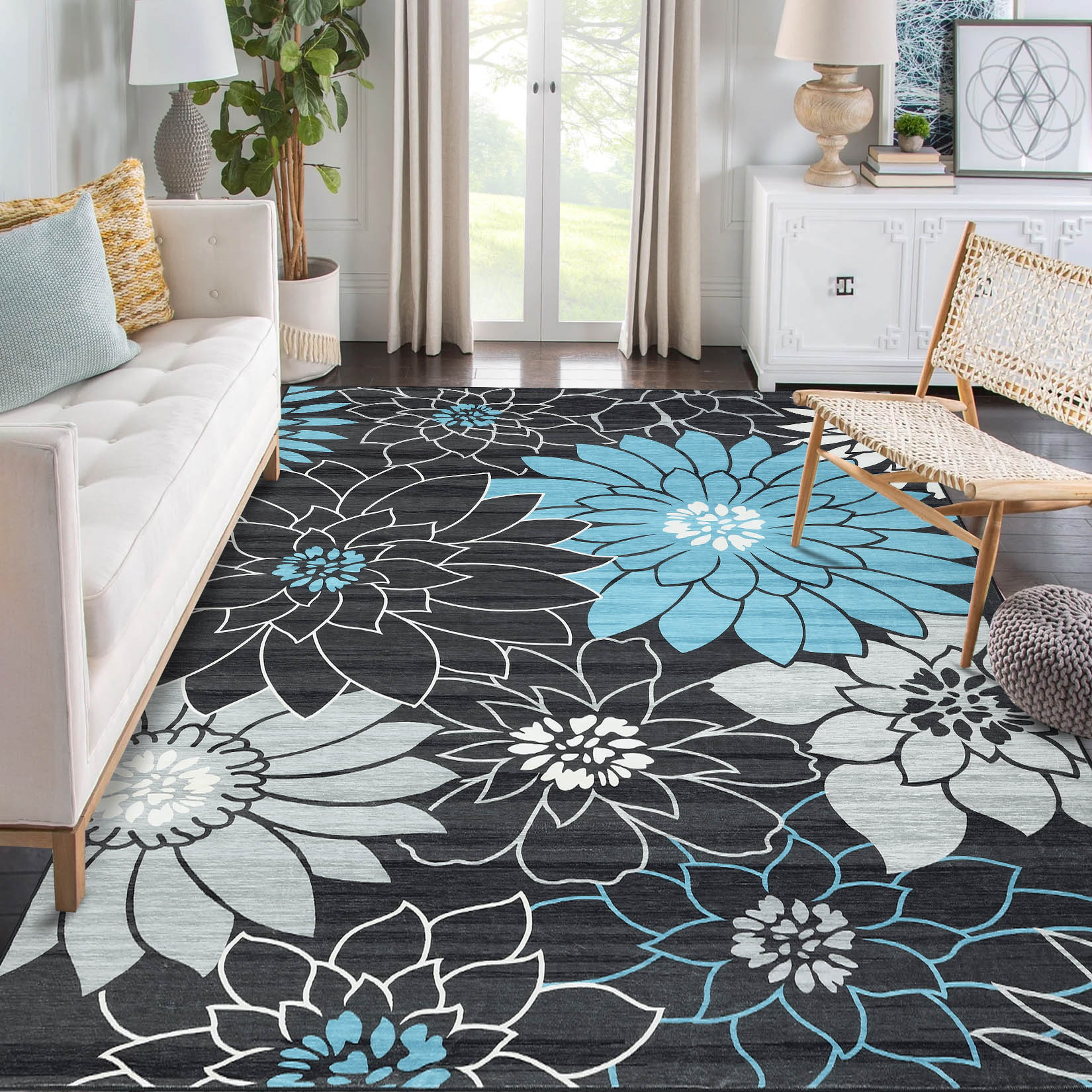 Garvee YXY-LO-PHO-0ZHXVJJY 4 x 6 (ft) Loomed Polyester Dark Gray Rectangular Indoor Floral/Botanical Tropical Machine washable Area rug