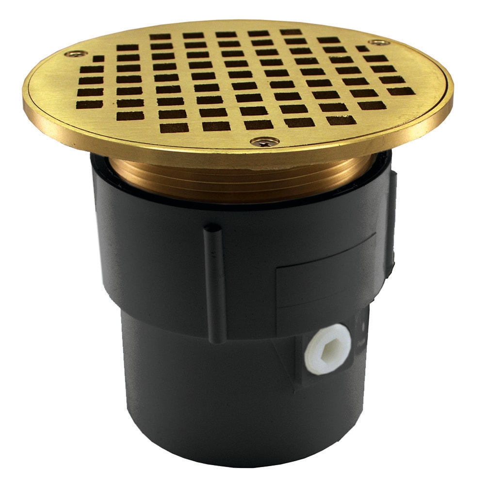 Jones Stephens D53029 3-in X 4-in PVC Pipe Fit General Purpose Drain Base with 3-1/2-in Metal Spud and 6-in Polished Brass Round Strainer