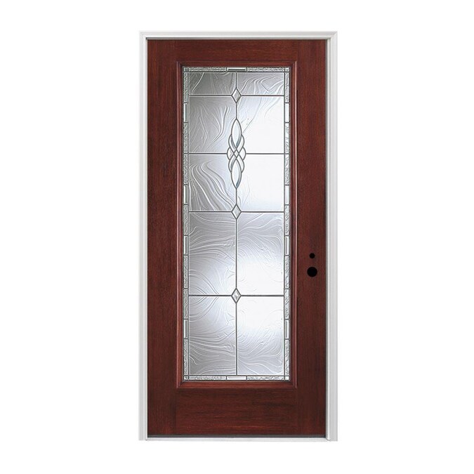 Pella Full Lite LeftHand Inswing Prestained Red Mahogany Stained Fiberglass Prehung Entry Door