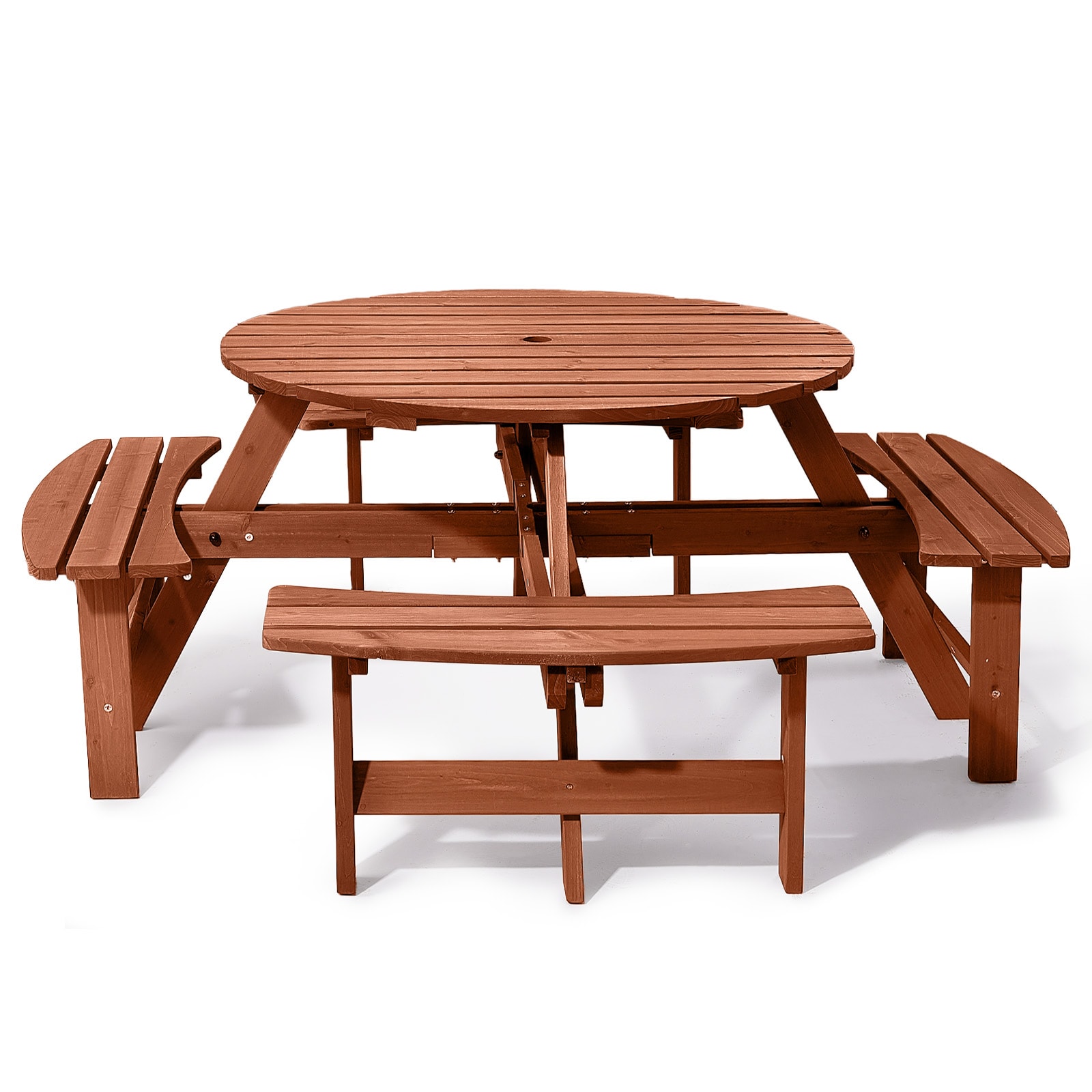 VINGLI - 8-Person Round Wooden Picnic Table with Umbrella Hole and 4 Built-in Benches Heavy Duty ...