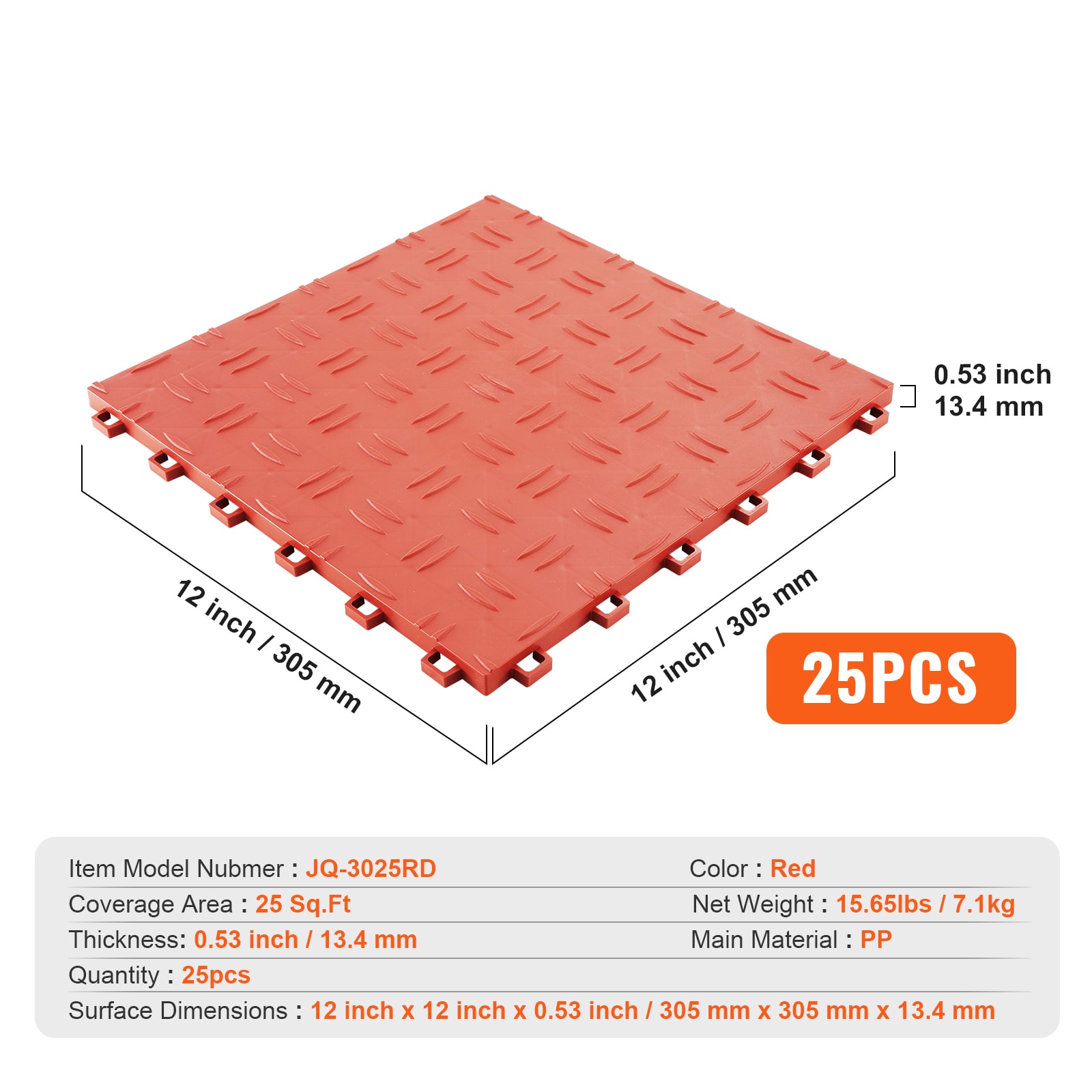 Red Polypropylene Interlocking Garage Flooring Tiles, 12'' x 12''