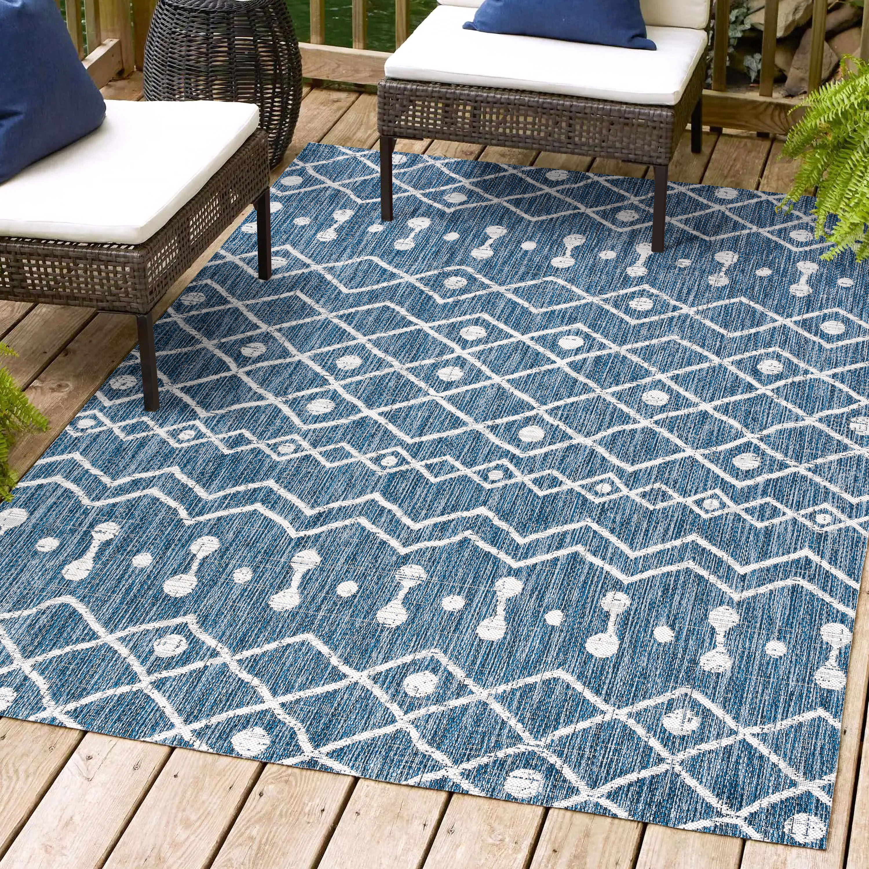 JONATHAN  Y SMB131C-3 Santa Monica Nokat Tribal 3 x 5 (ft) Loomed Polypropylene Blue/Ivory Rectangular Indoor/Outdoor Trellis Bohemian/Eclectic Area rug