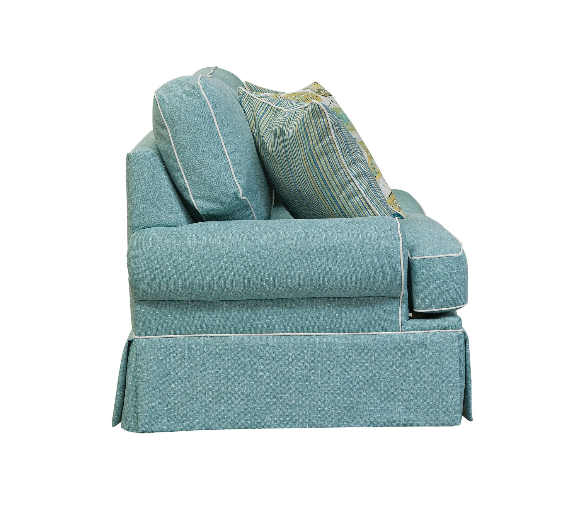 Aqua Linen Round Arm Sofa with Coastal Pillows