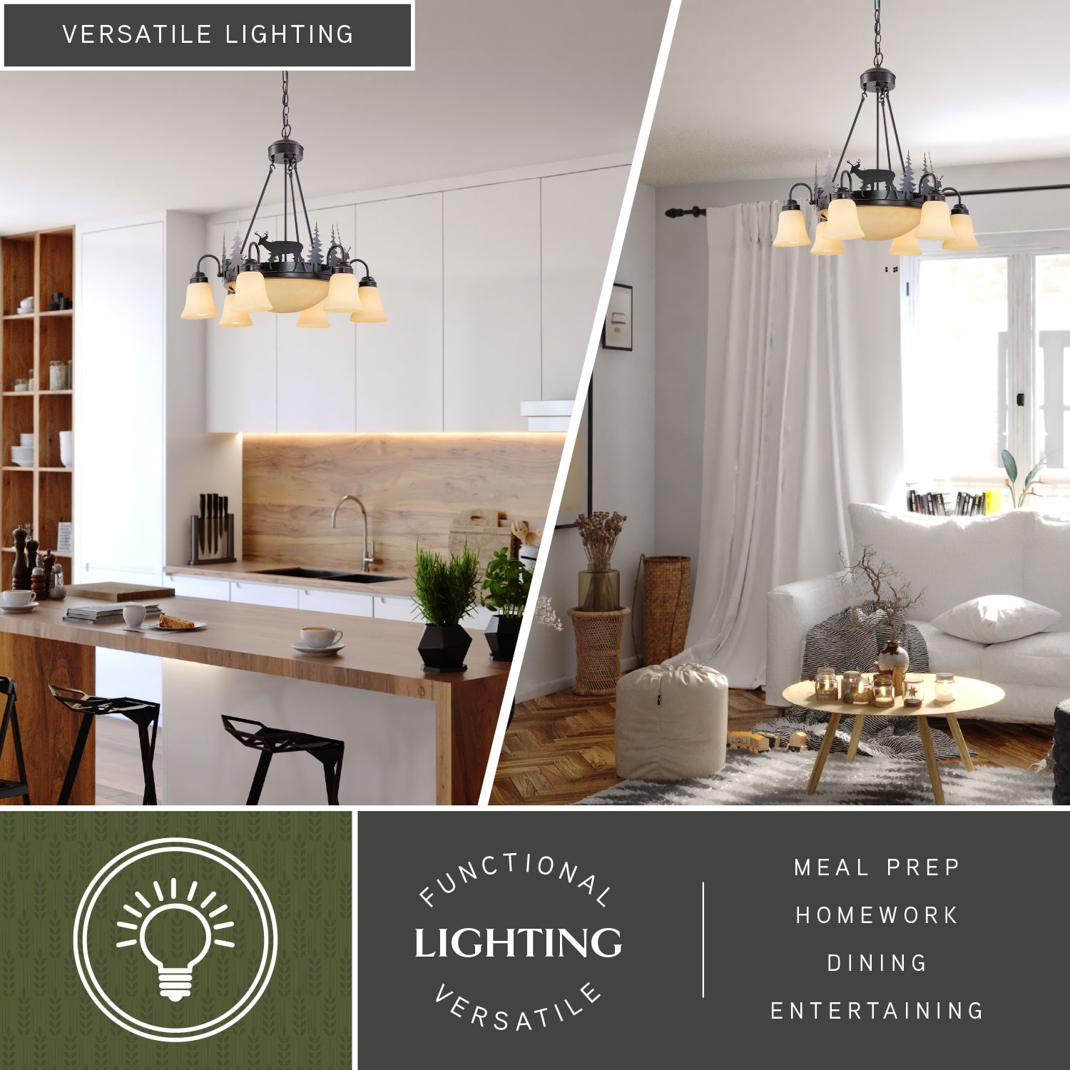 Rustic Deer Silhouette 9-Light Chandelier in Burnished Bronze