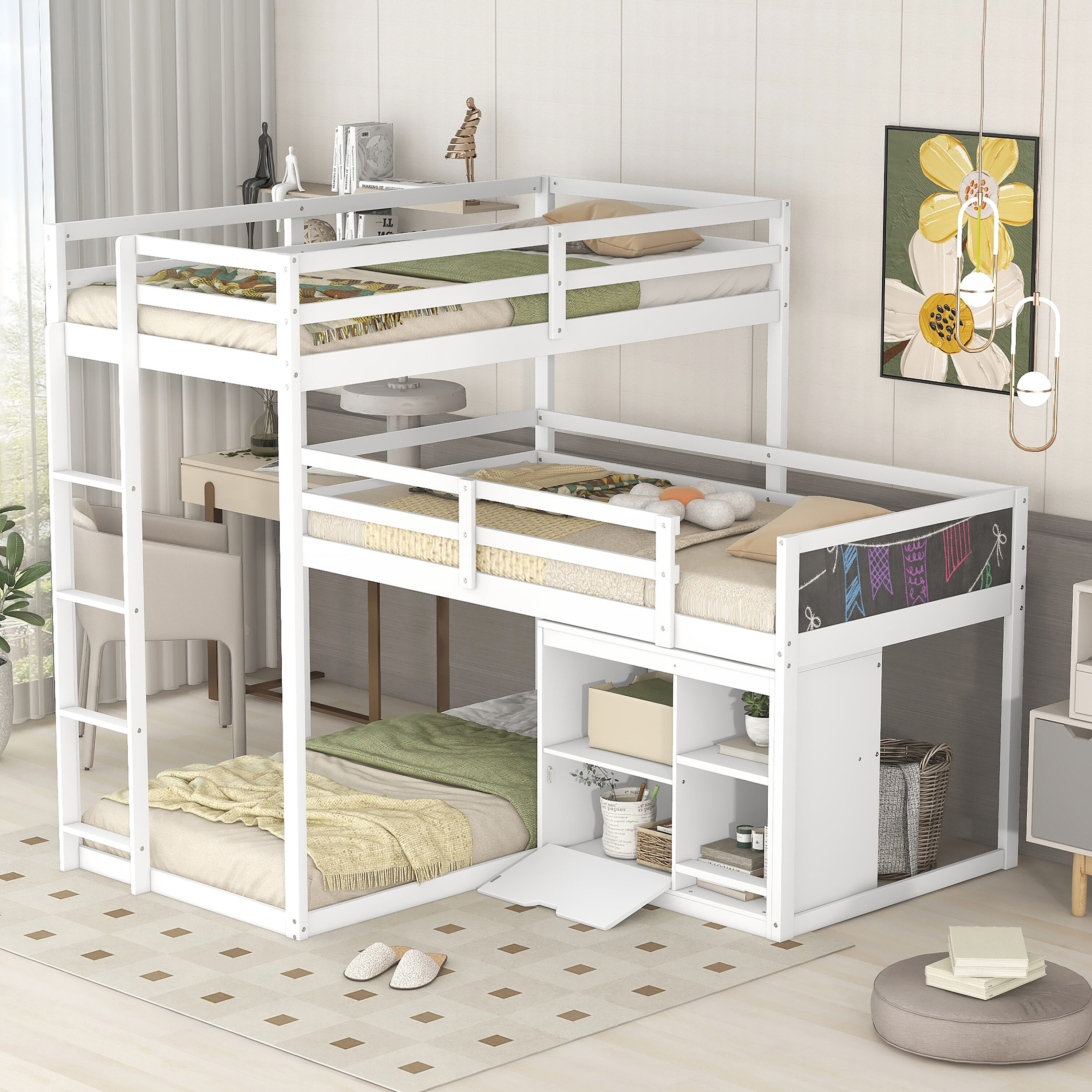 ModernLuxe Contemporary Twin L-Bunk Bed with Integrated Ladder and ...