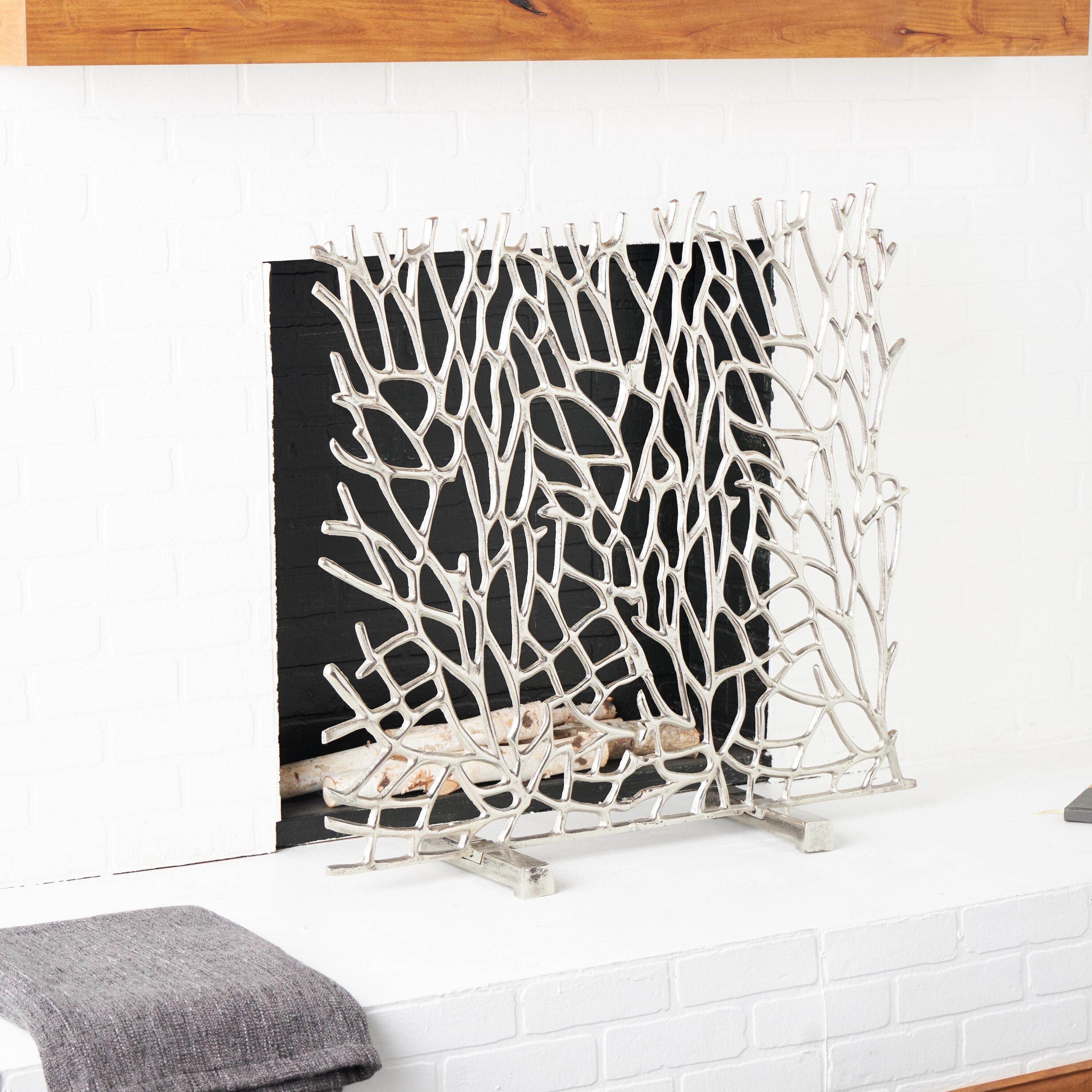 Grayson Lane 820408 35-in Silver Coral Inspired Iron 1 -Panel Flat Fireplace Screen