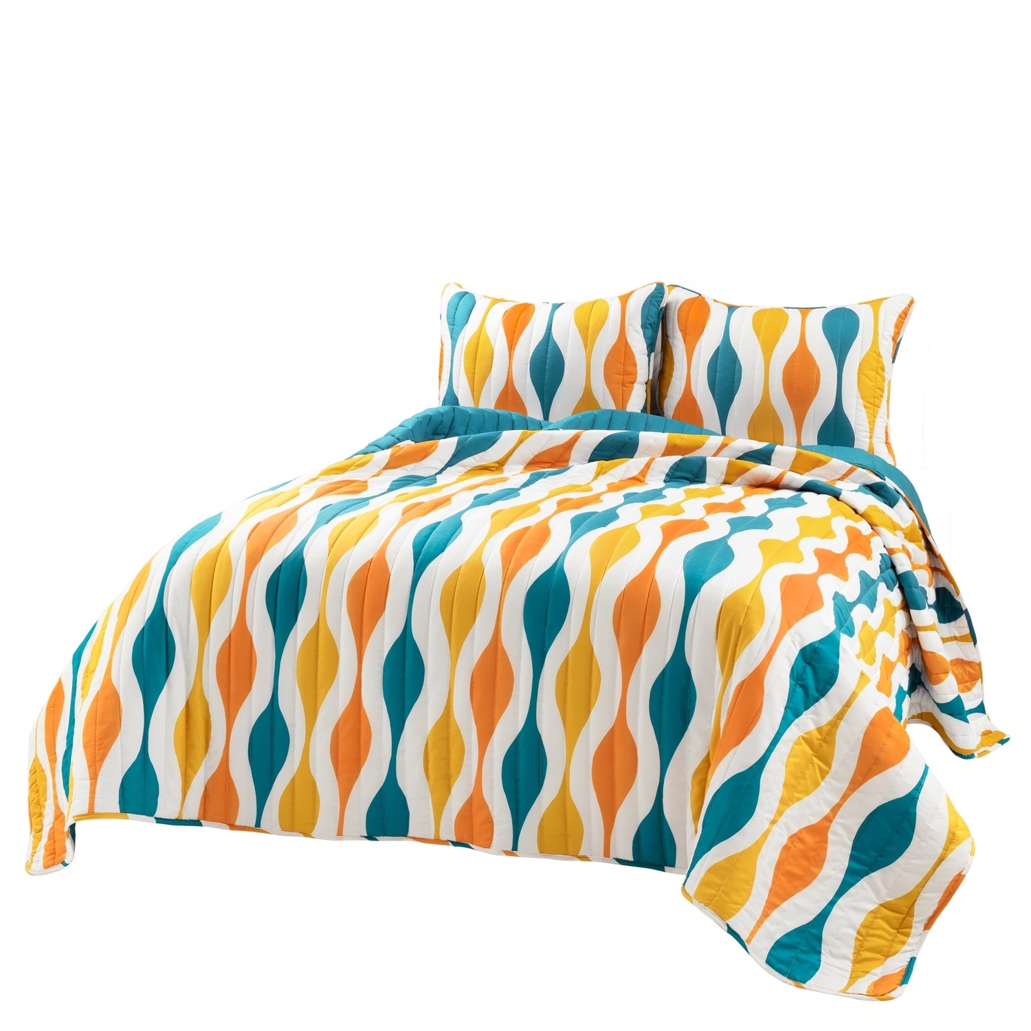 King Turquoise and Orange Microfiber Reversible Quilt Set