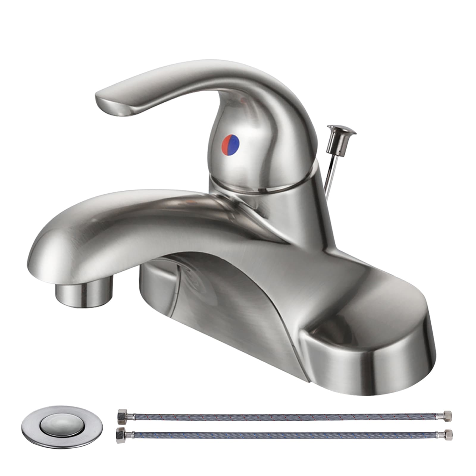 WOWOW 2320700-LW brushed nickel 4-in centerset 1-handle Low-arc Commercial/Residential Handle Bathroom Sink Faucet with Drain