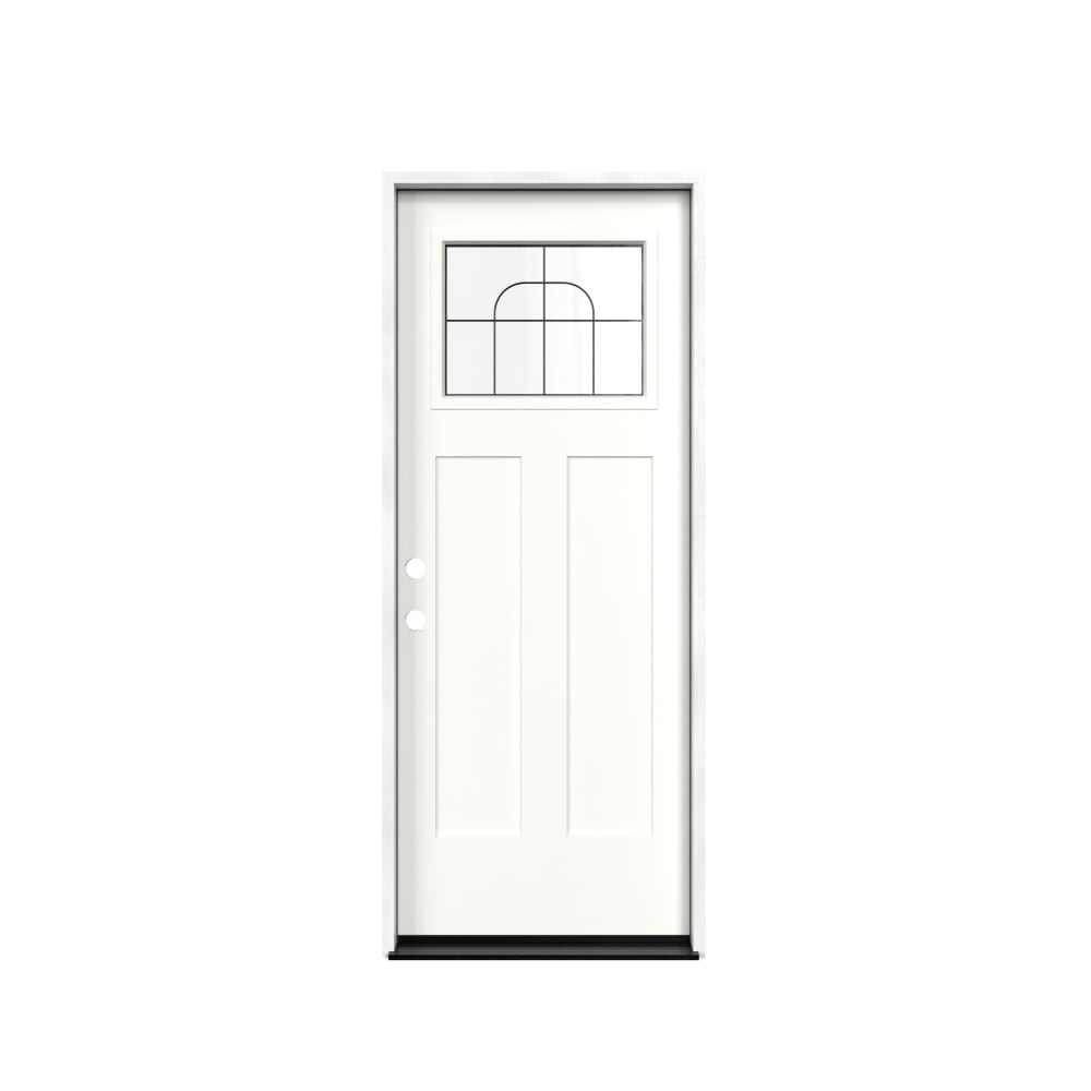 Masonite 641796 M-Protect Arlo Glass 32-in x 80-in x Fiberglass Craftsman Right-hand inswing Arctic White Painted Prehung Slab Front Door with Brickmould Solid core