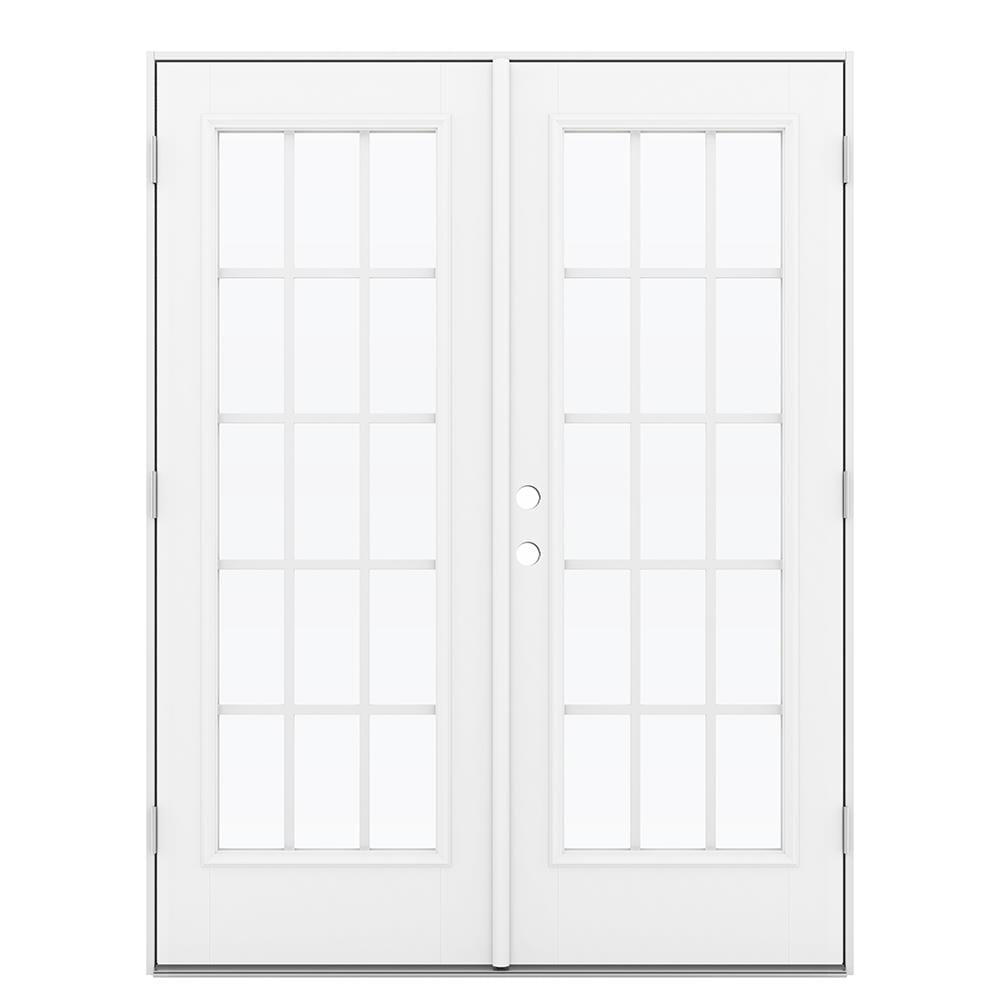 JELD-WEN LOWOLJW184100166 F-3500 60-in x 80-in x 4-9/16-in Jamb Low-E Grilles between the glass , White Fiberglass Left-hand outswing French Double Patio Door