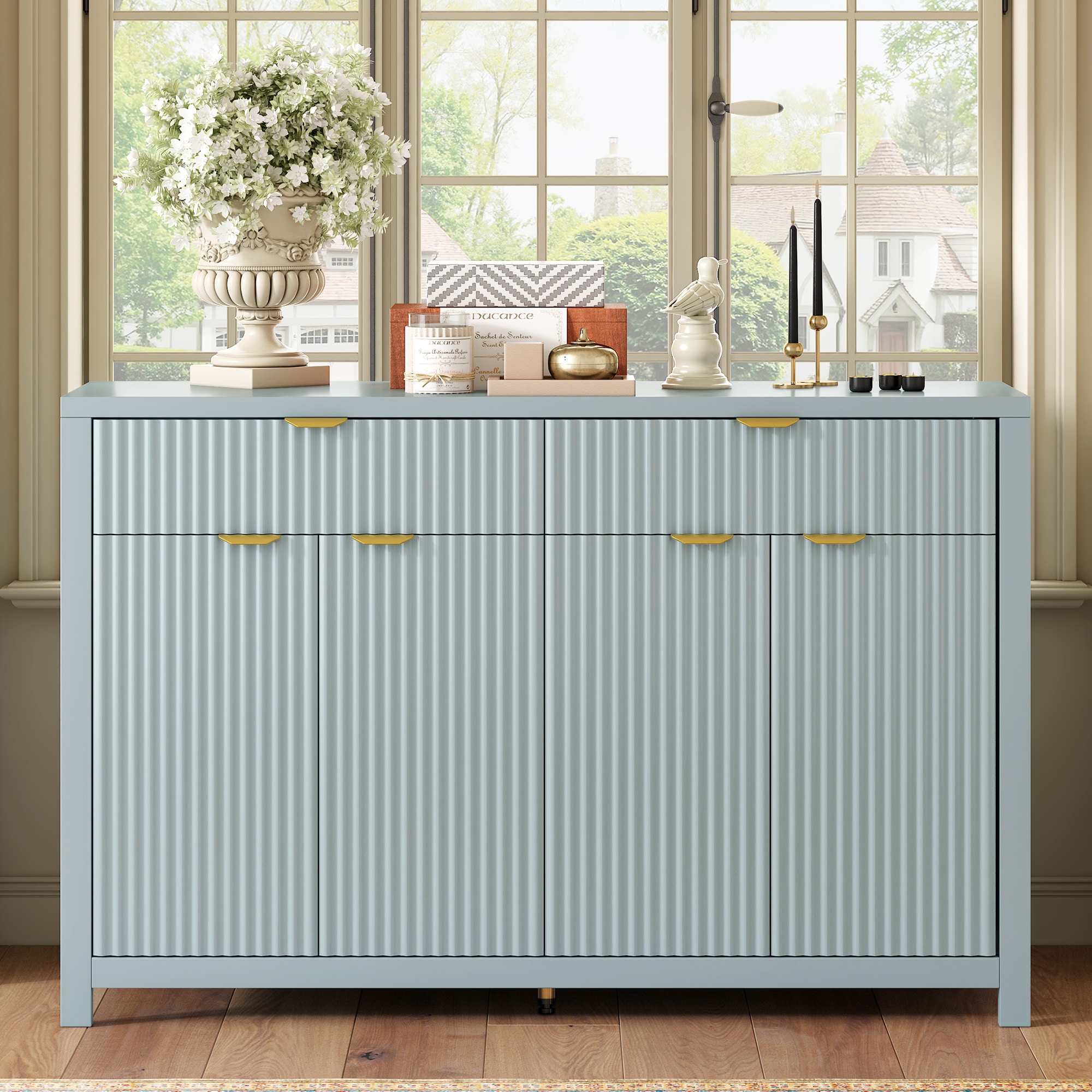 Vynxaria 55.1-in W x 35.8-in H x 15.7-in D Cyan Buffet Sideboard Cabinet with Adjustable Shelves and 2 Drawers and Fluted Doors