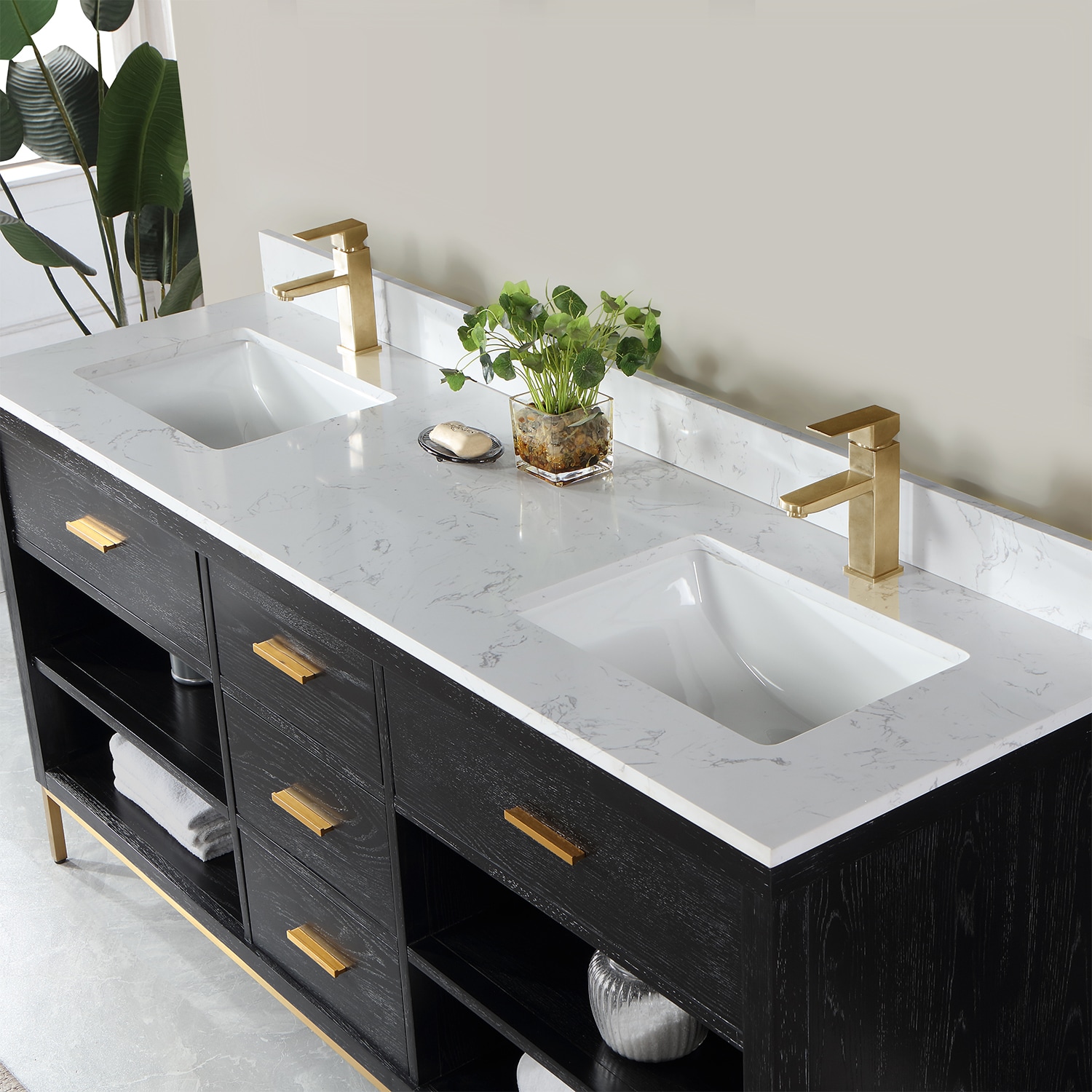 Kesia 72" Black Oak Double Vanity with White Stone Countertop