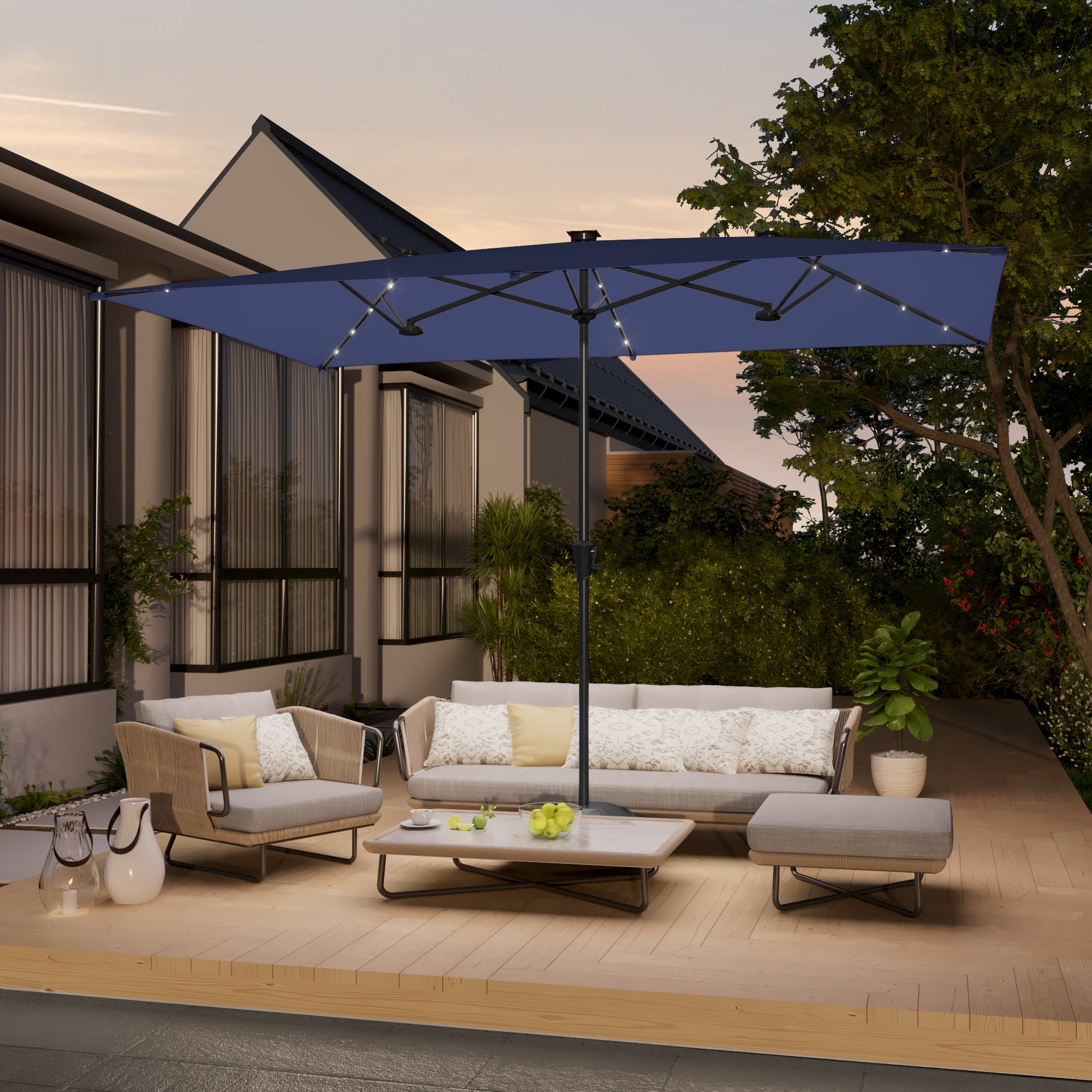 ACEGOSES LW-LED69NY 7.2-ft Steel Blue Push-button Tilt Market Patio Umbrella with Lights