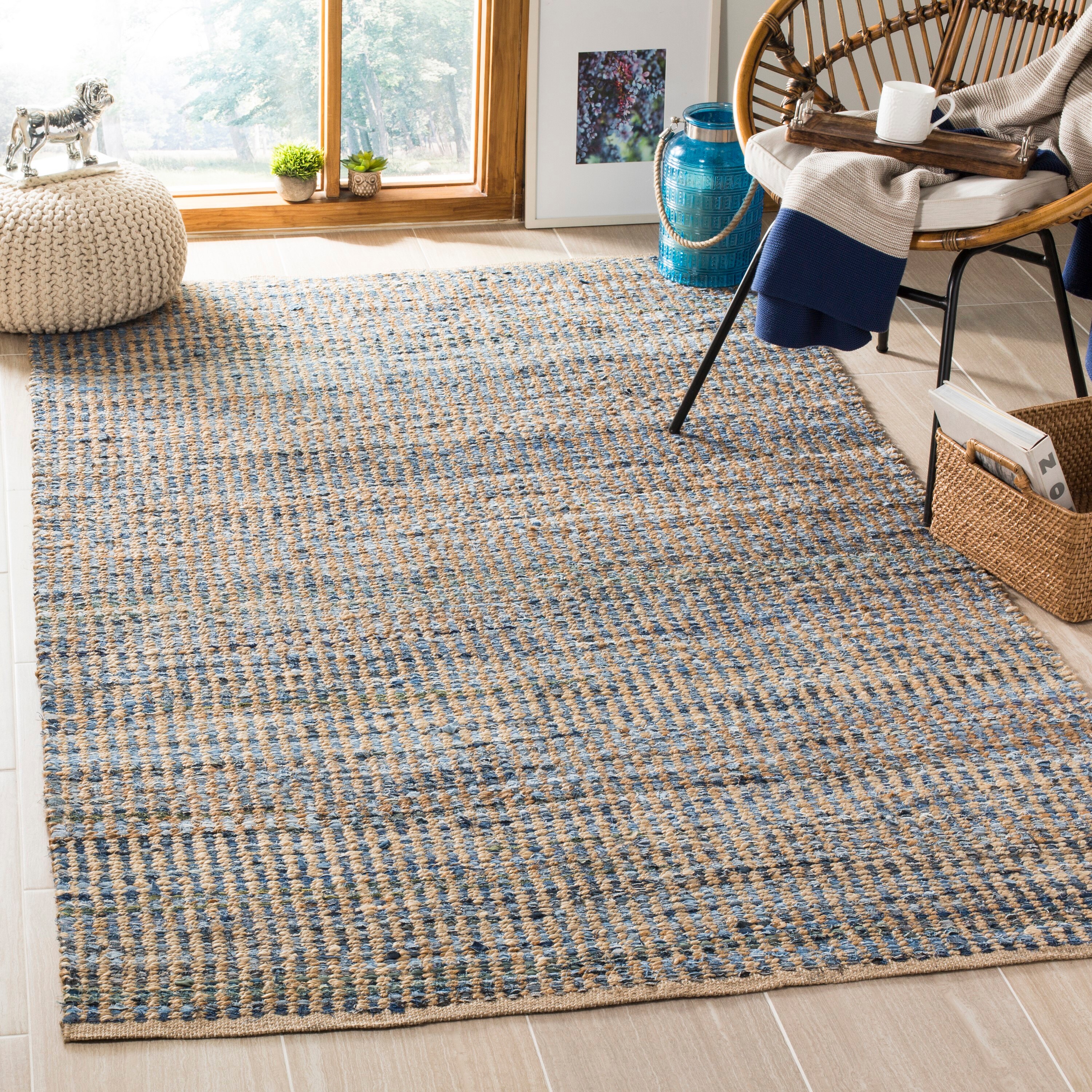 Cape Cod Blue and Natural Handmade Flat Woven Jute Rug 4' x 6'
