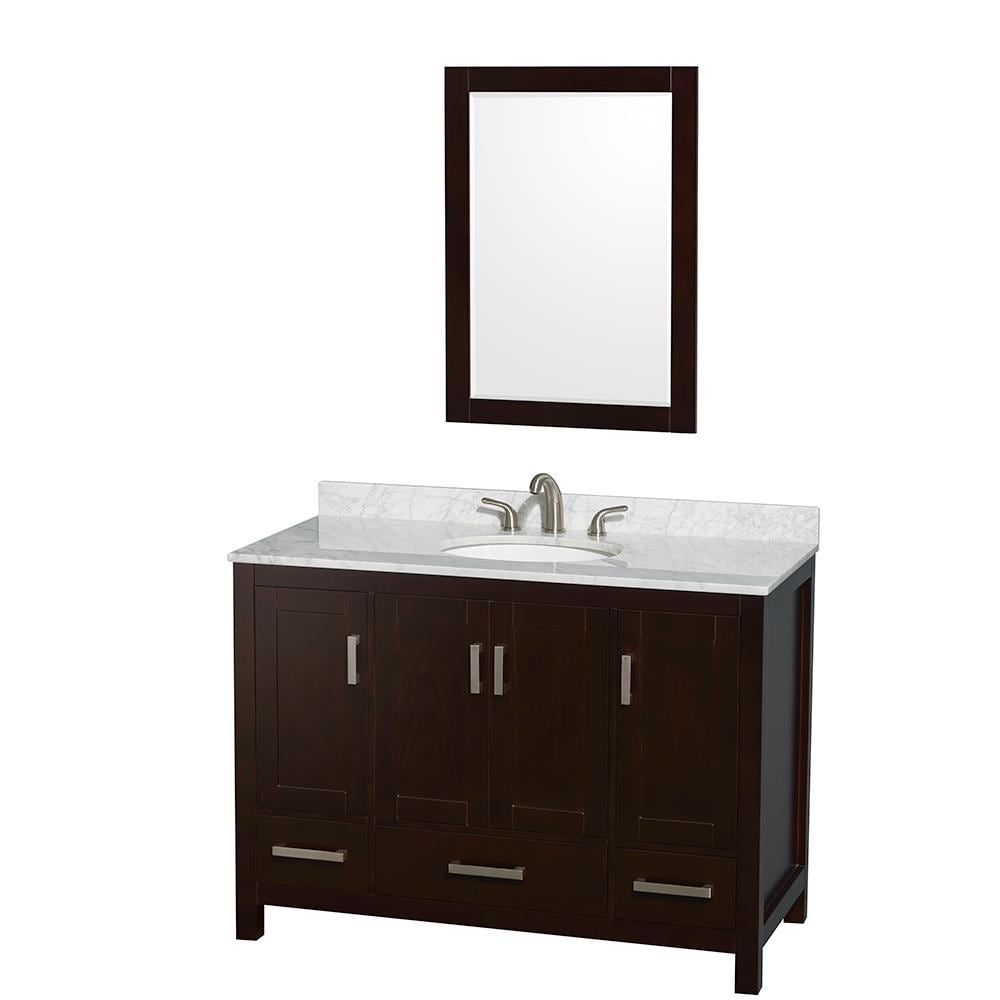 Wyndham Collection WCS141448SESCMUNOM24 Sheffield 48-in Espresso with Brushed Chrome Trim Undermount Single Sink Bathroom Vanity with White Carrera Natural Marble Top (Mirror Included)