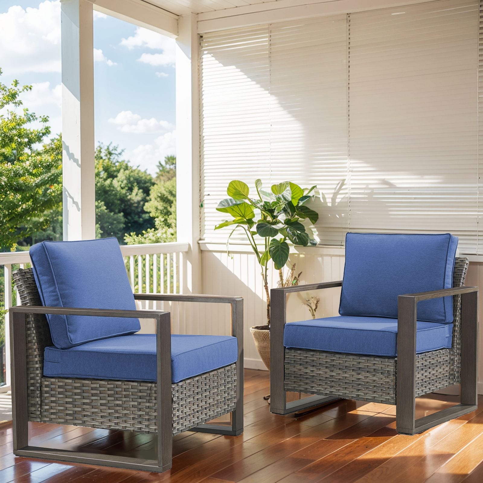 Jeehope PA129-1 PACHAIRS-T Set of 2 Wicker Gray Steel Frame Stationary Conversation Chair with Navy Cushioned Seat