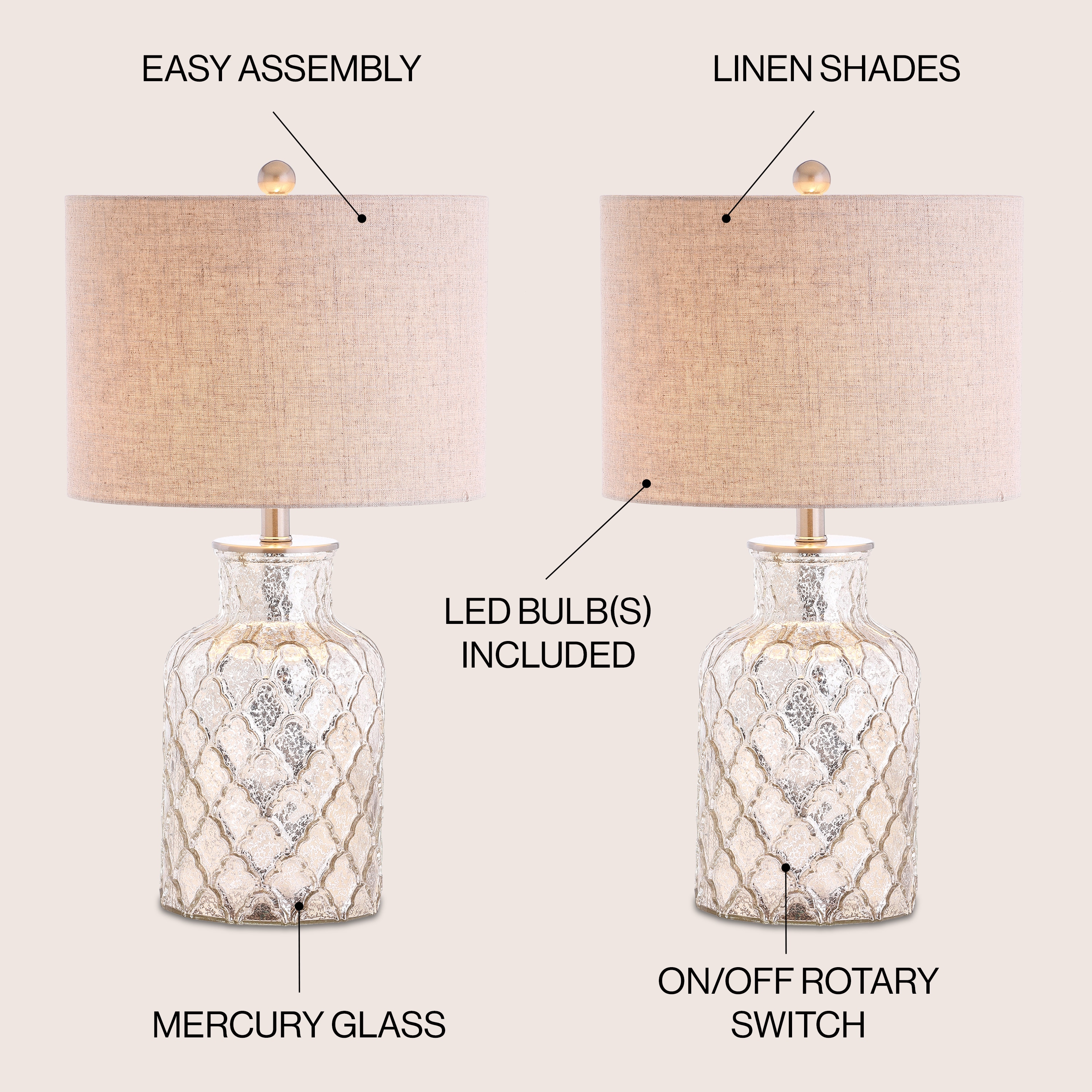 Antiqued Mercury Silver Quatrefoil Glass Table Lamp Set