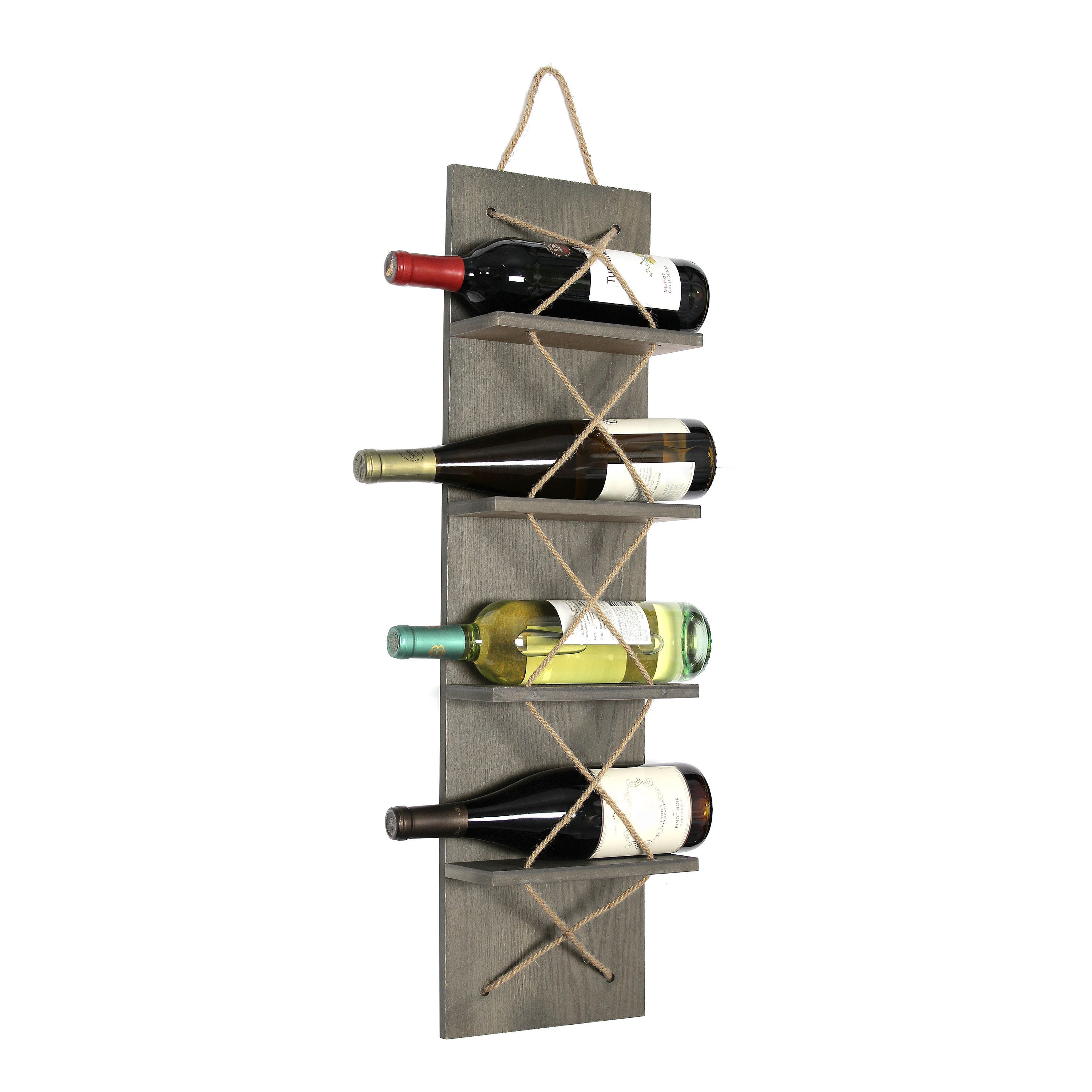 Rustic Gray Pine Wood Wall-Mounted Wine Rack with Natural Rope Accents