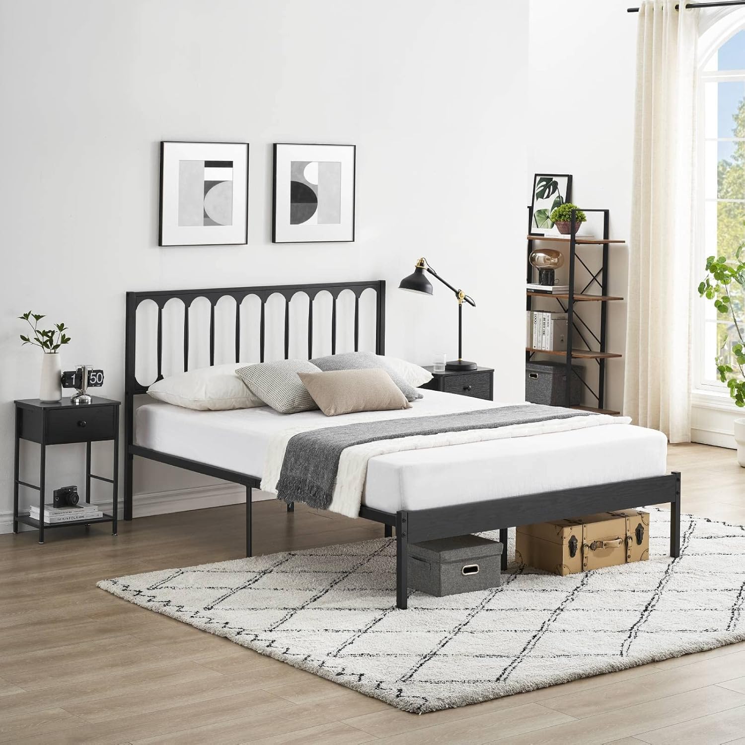 Qeetex LHF-BED-PHO-0XSZT5F1 Full Size Bed Frame Metal Platform Mattress Foundation with Headboard Heavy Duty Steel Slats Support Under Bed Storage Space No Box Spring Needed Easy Assembly Black