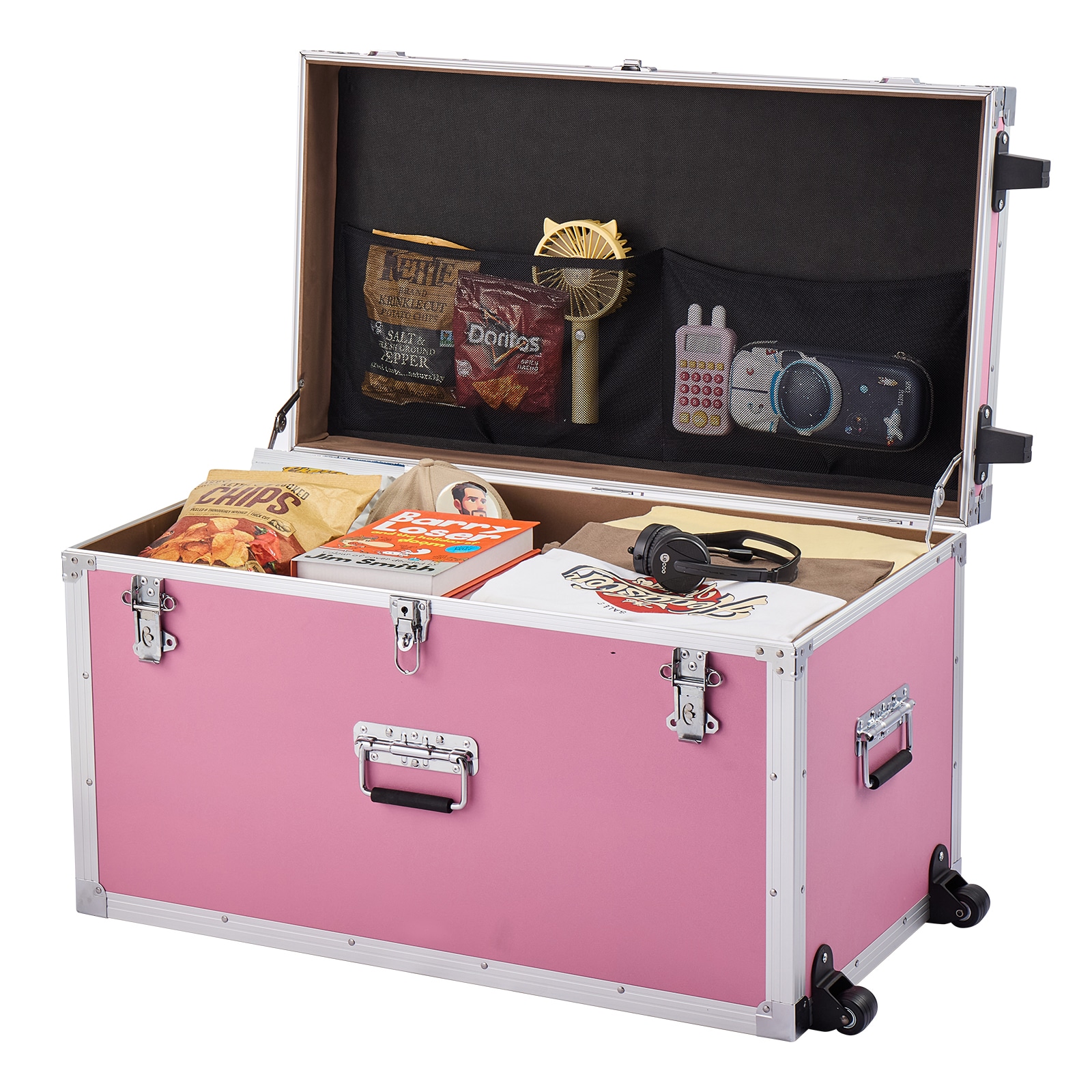 VEVOR Metal Storage Trunk  Set of 2  Wooden Suitcase Storage Boxes with Padlocks  Large Trunk Includes Casters and 3 Metal Handles  Decorative Store Chest with Lids for Travel  Apartment  Dorm  Pink