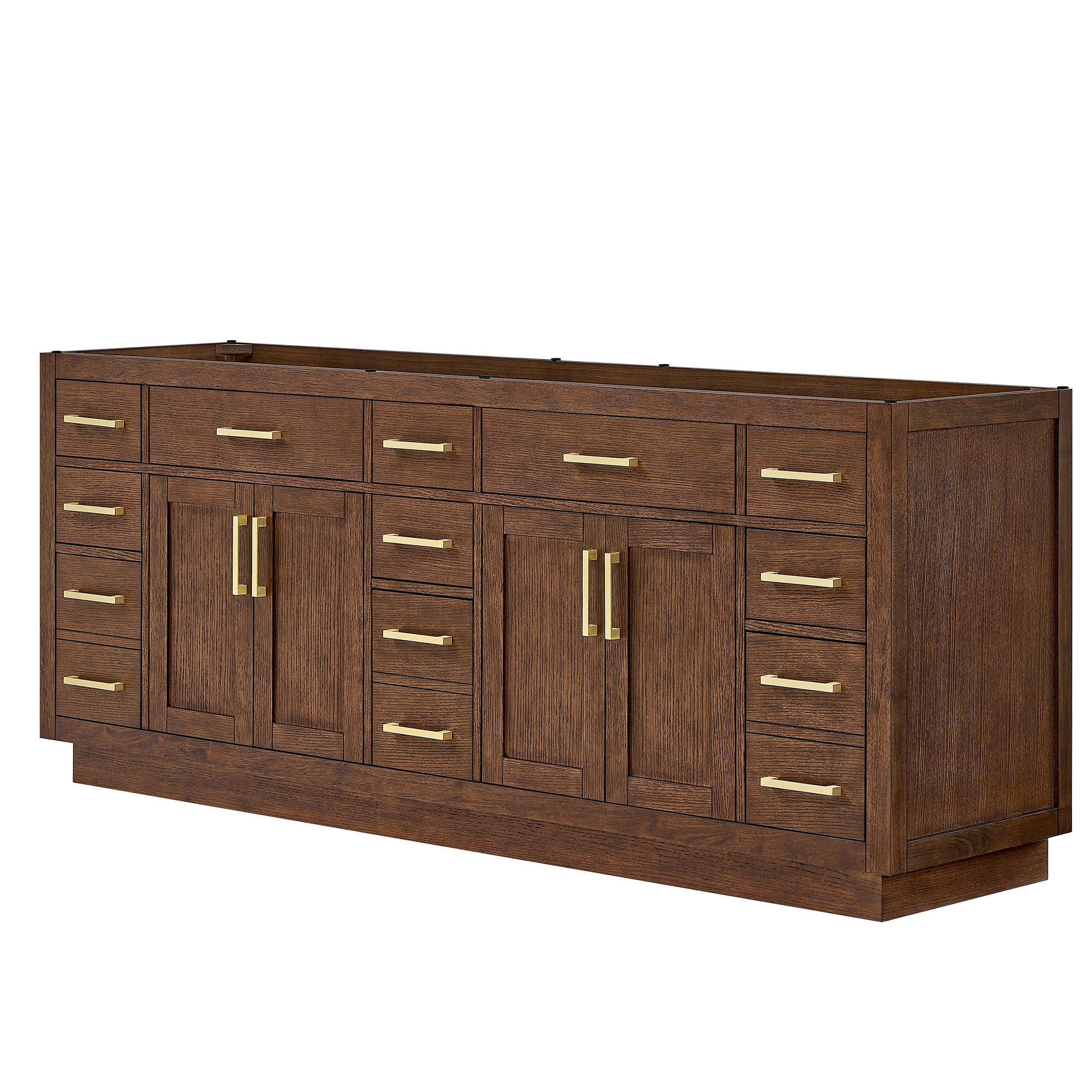 Wyndham Collection Beckett 84 Inch Double Bathroom Vanity with Toe Kick in Dark Oak, No Countertop, No Sink, Brushed Gold Trim