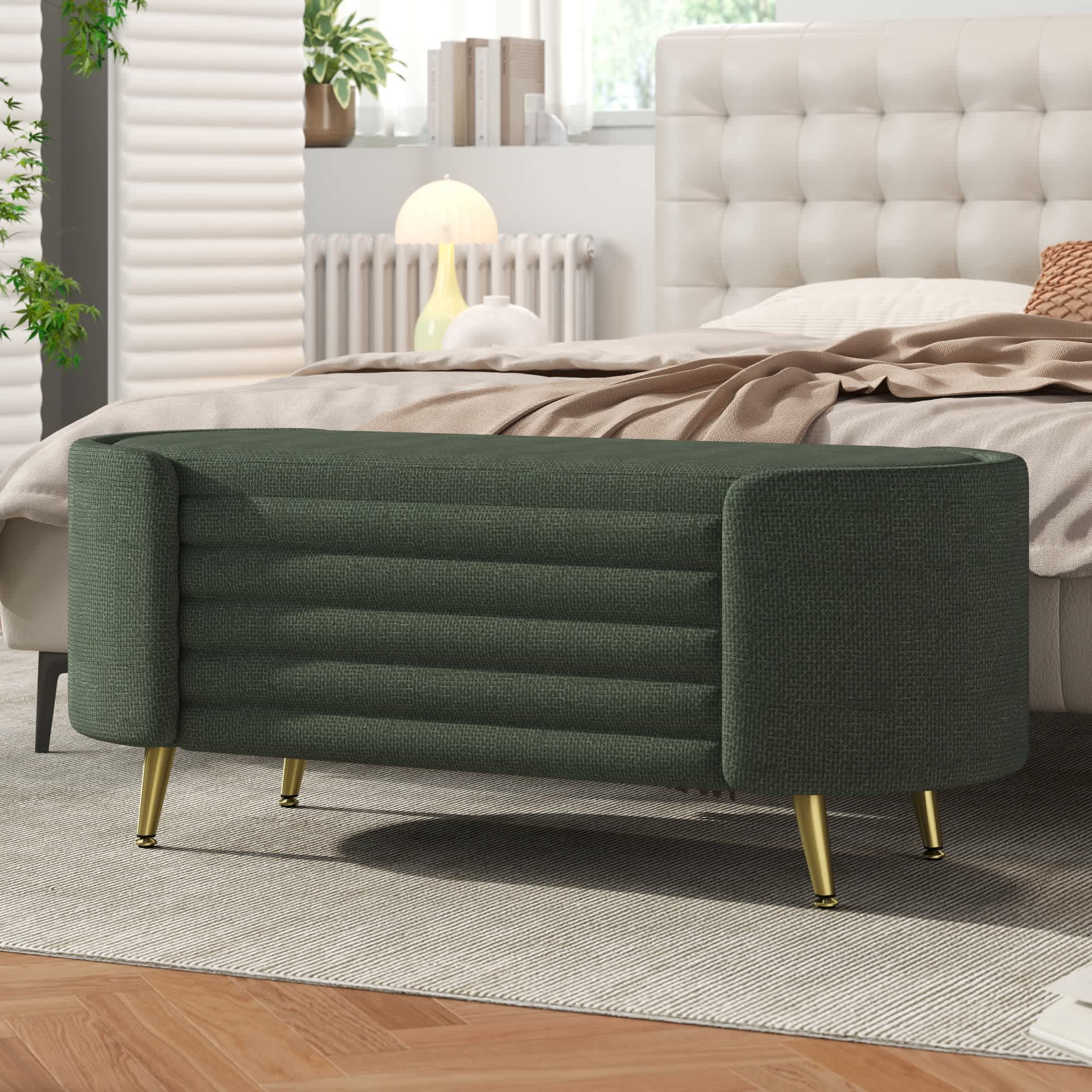 Maison Boucle 45-in Dark Green Oval Flip Top Storage Bench with Chenille Upholstery for Living Room and Bedroom