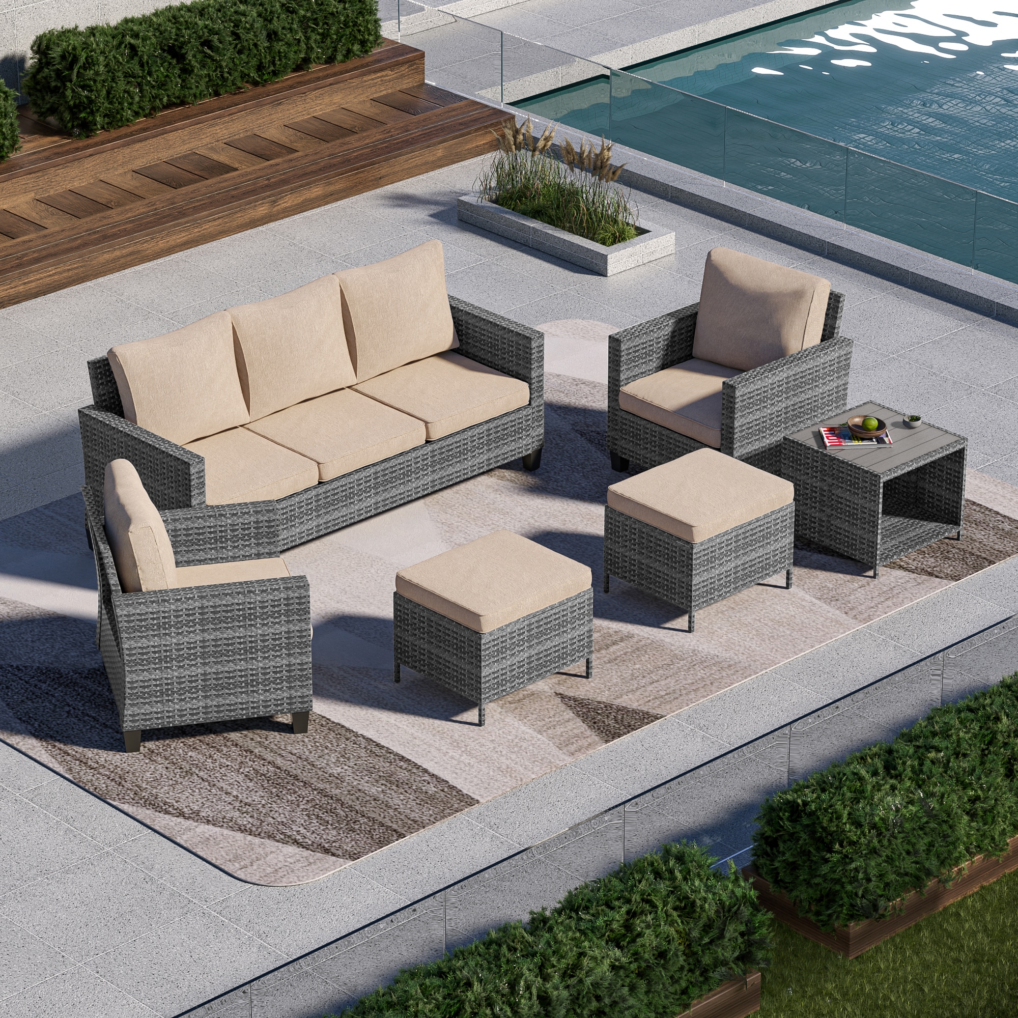 ACEGOSES LW-115HBG-T1 6-Piece Wicker Patio Sofa Conversation Set with Tan Cushions