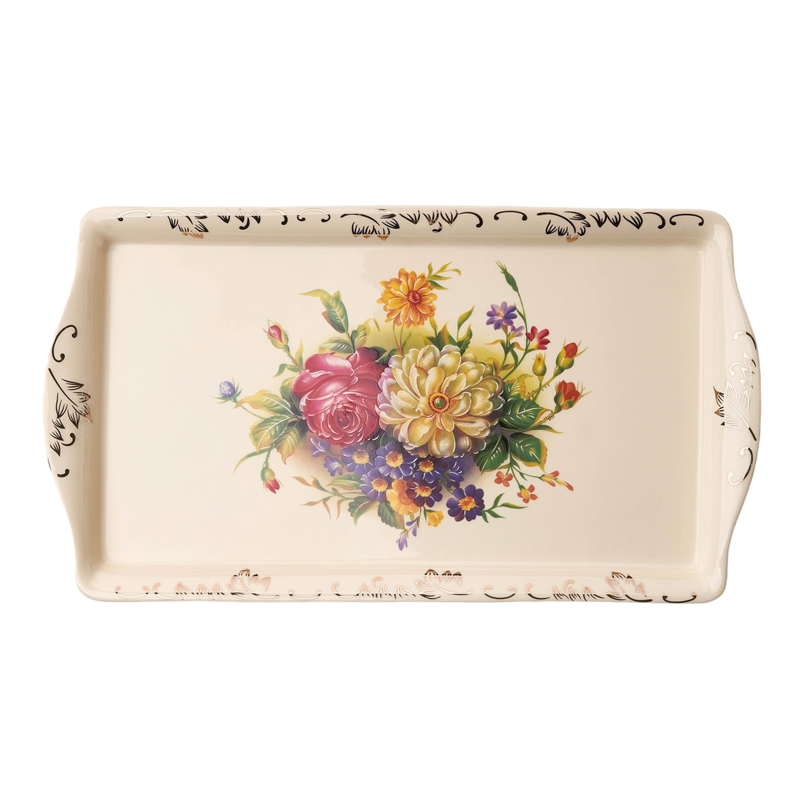 Aoibox 13 5 in Floral White and Gold Porcelain Rectangular Decorative Serving Tray with Handles Special Event #LAB3U0MO