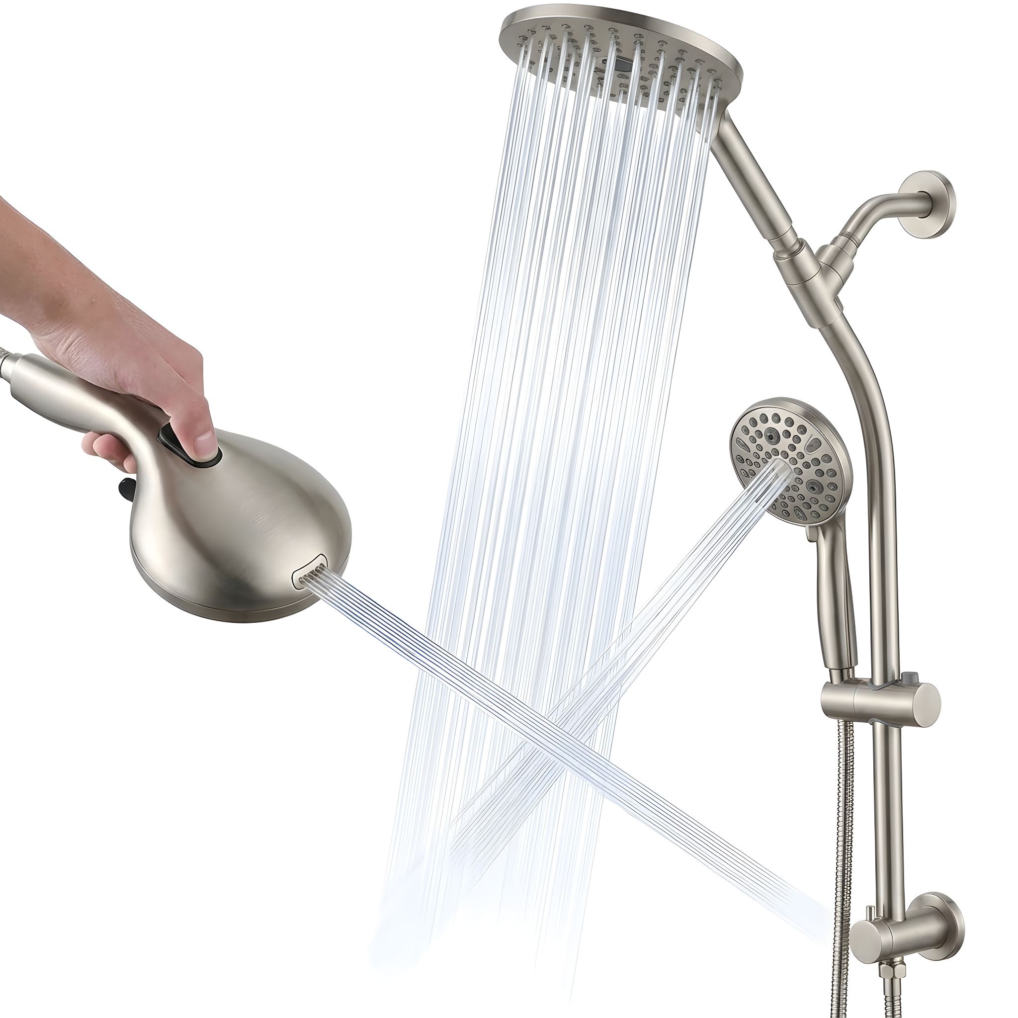 Slickblue 7.5 inch Rainfall Shower Head Multi Setting Handheld Shower System with 3 Way Diverter Chrome/ Black