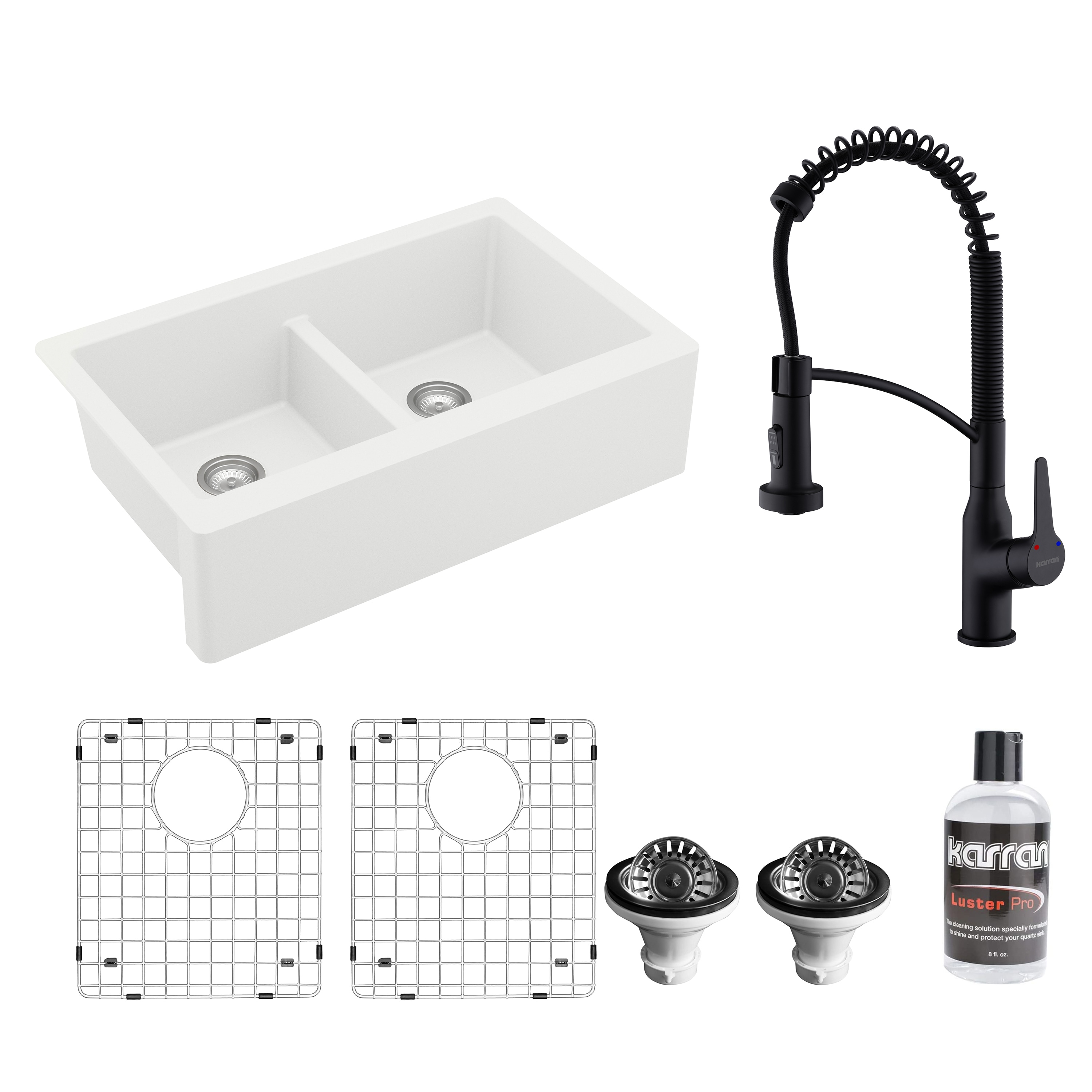 Karran QA750WH210MB Farmhouse apron front 34-Inches x 21.25-Inches Quartz Double equal bowl Kitchen Sink All-in-One Kit