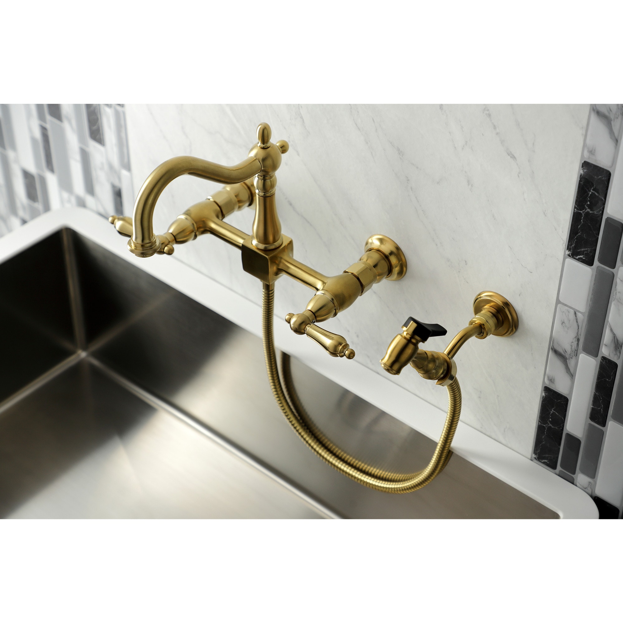 Kingston Brass WLKS1267ALBS Brushed Brass Double Handle Wall-mount Kitchen Faucet ( Side Sprayer Included )