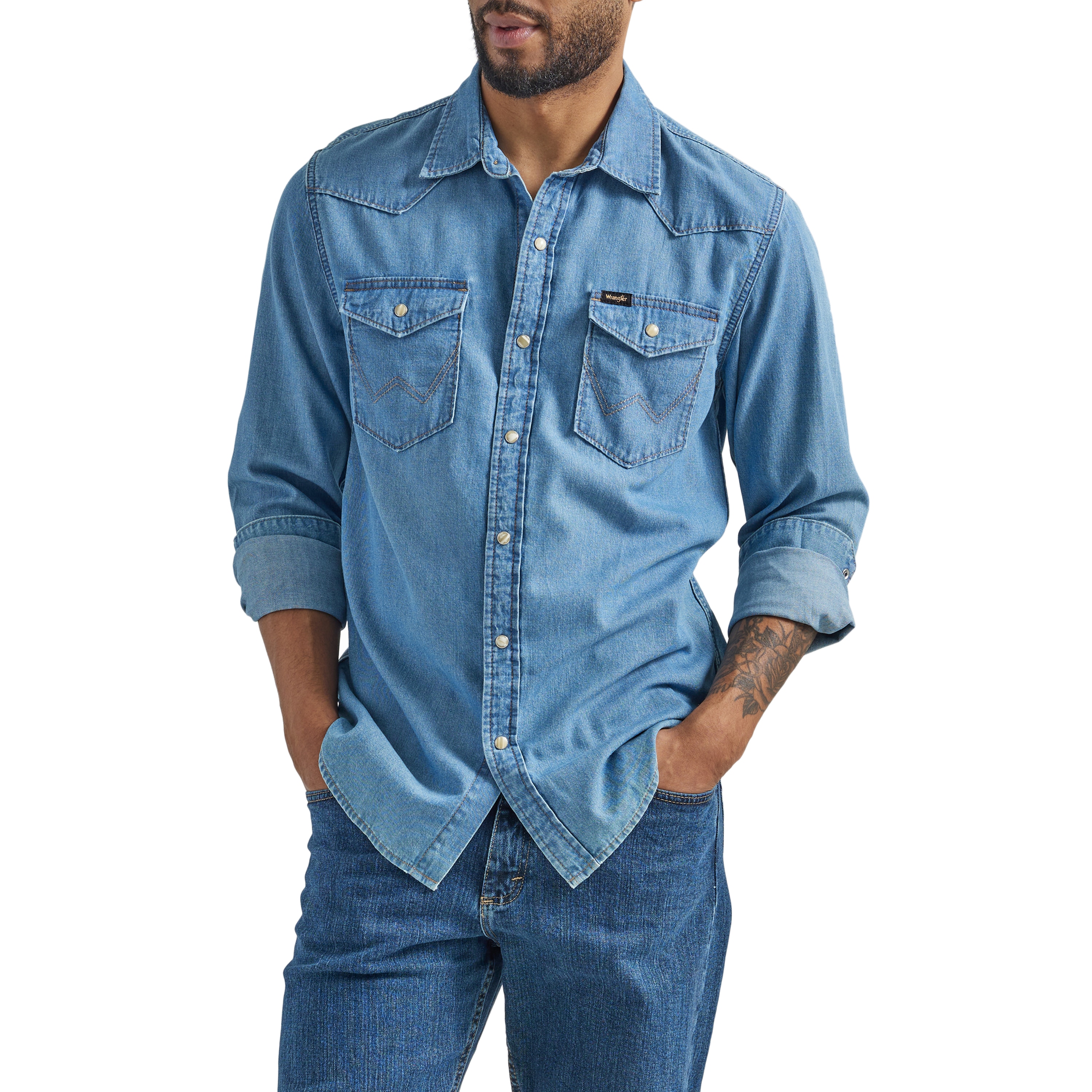 Wrangler 112333616-M Men's Blue Denim Long sleeve Button-down shirt ( Medium )