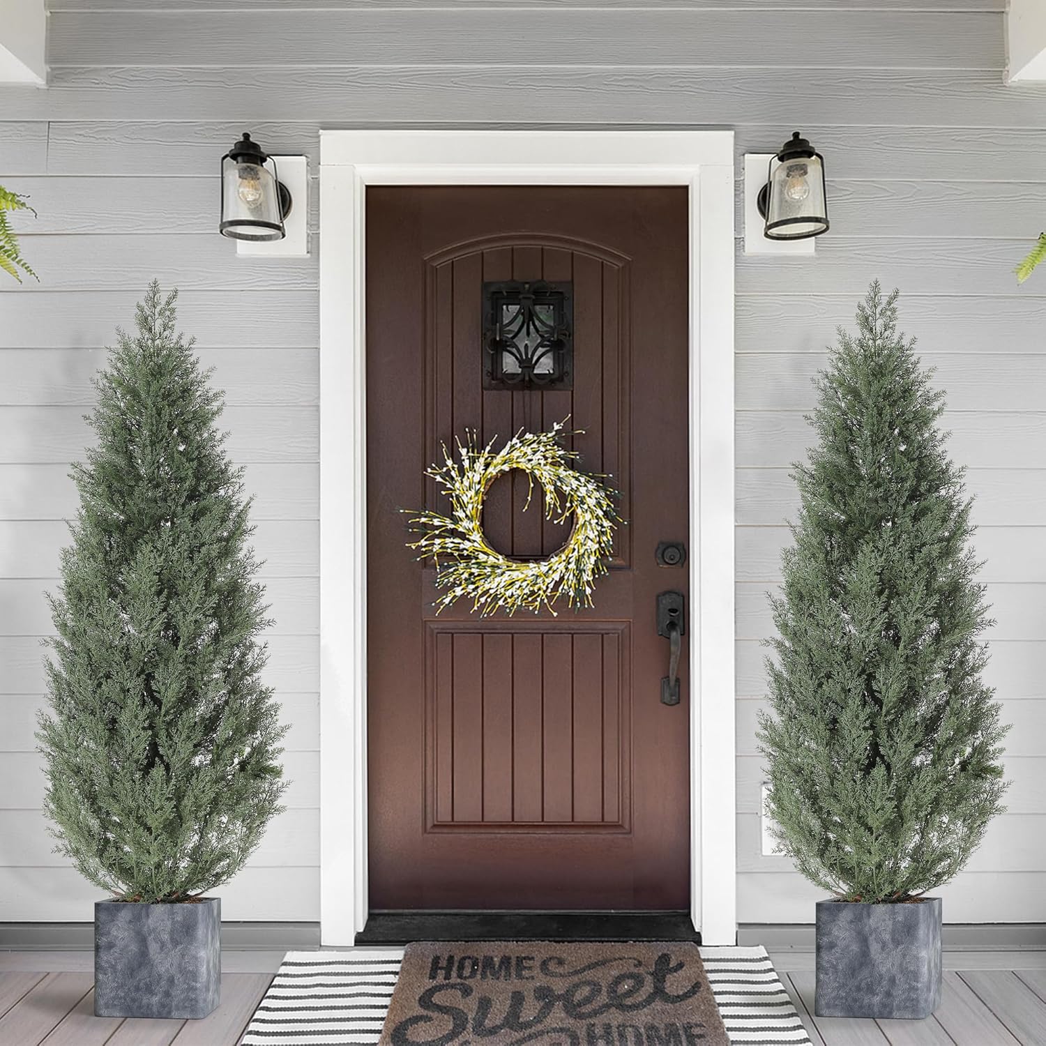 Qeetex DHZ-PHO-353LMTR3 5 Ft Artificial Topiary Trees Set of 2 Uv Resistant Faux Cedar Porch Tree with Decorative Grass Potted Fake Evergreen Cypress Plants for Indoor Outdoor Decorations