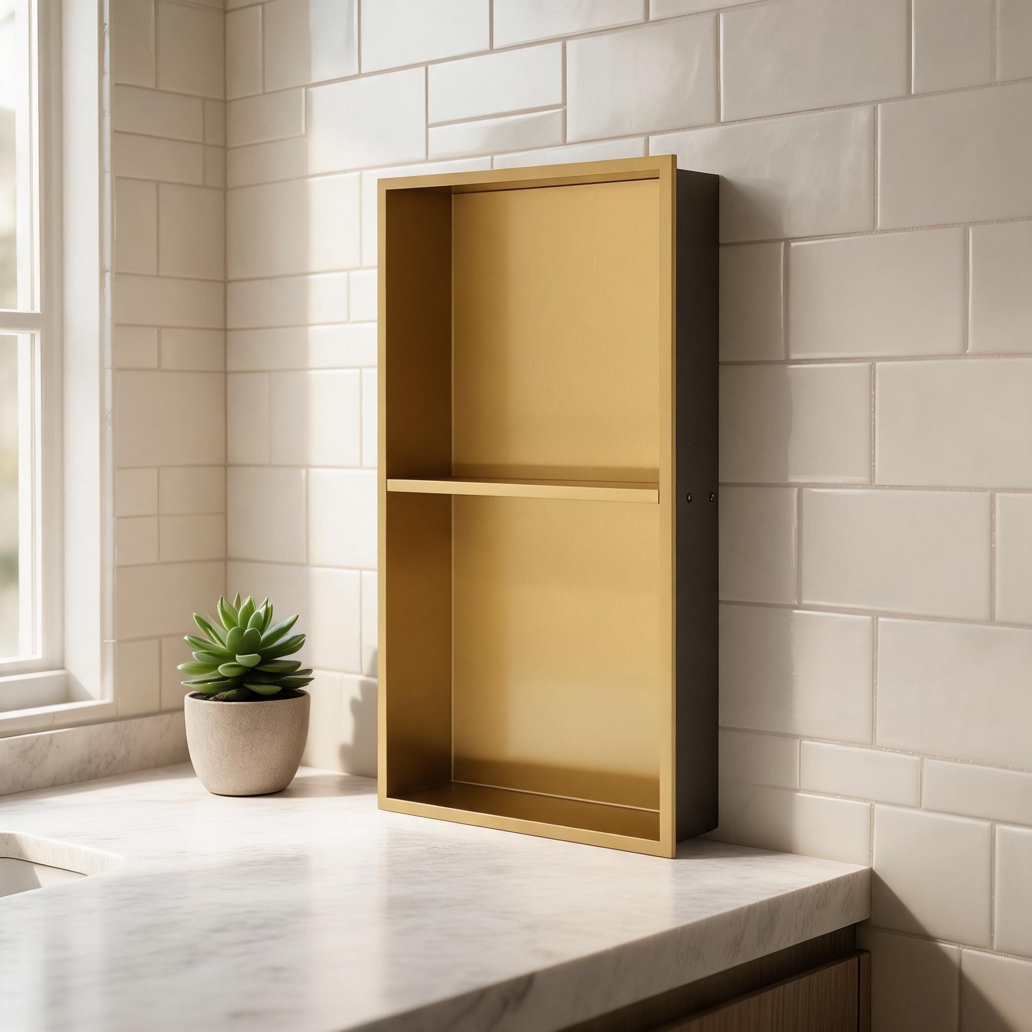 SUNCREAT Double Shelf Shower Niche in Classic Gold Stainless Steel 13 x 25 Inches Recessed Bathroom Storage