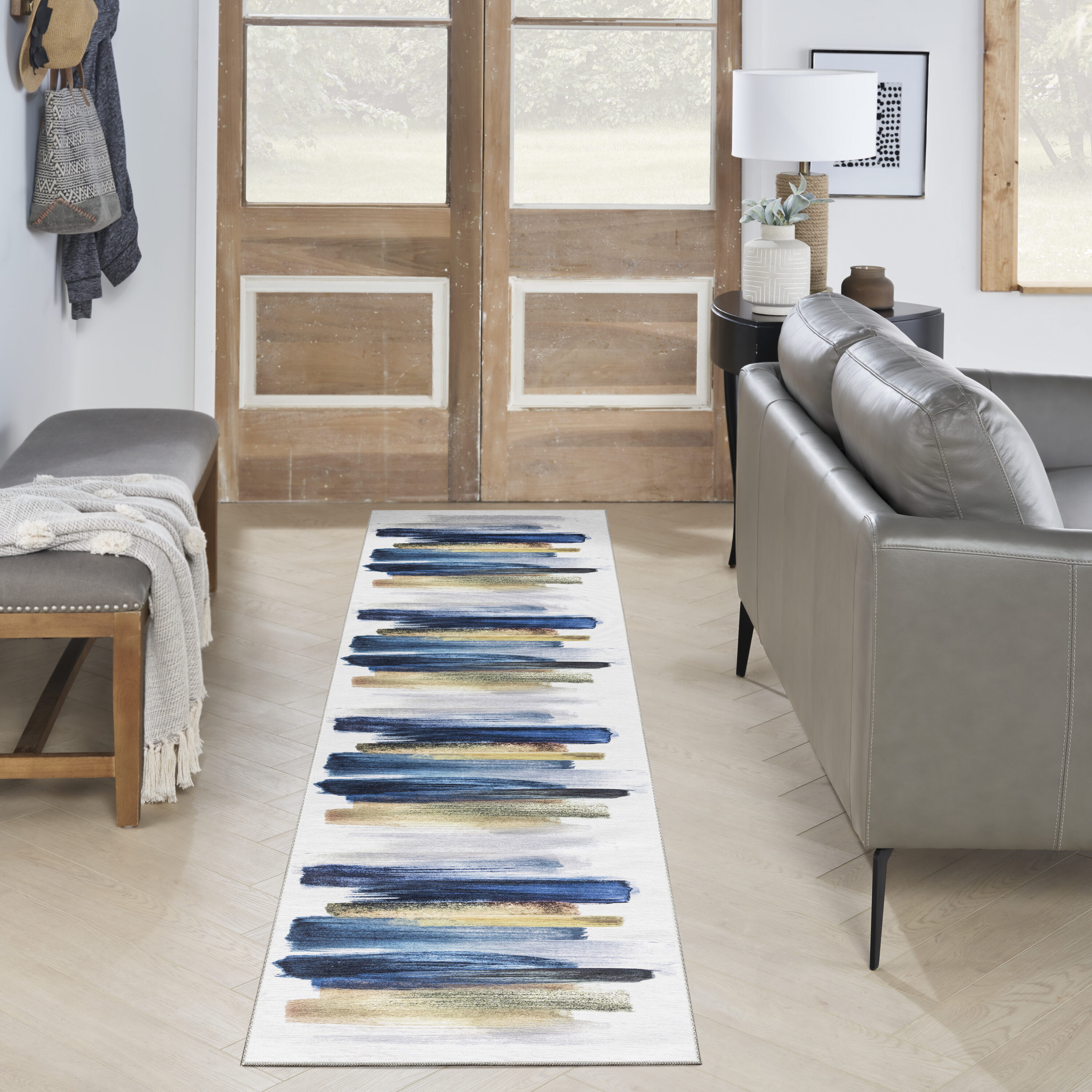 Nourison 099446913401 Washables 2 x 10 (ft) Loomed Blue Multicolor Rectangular Indoor Abstract Machine washable Runner rug