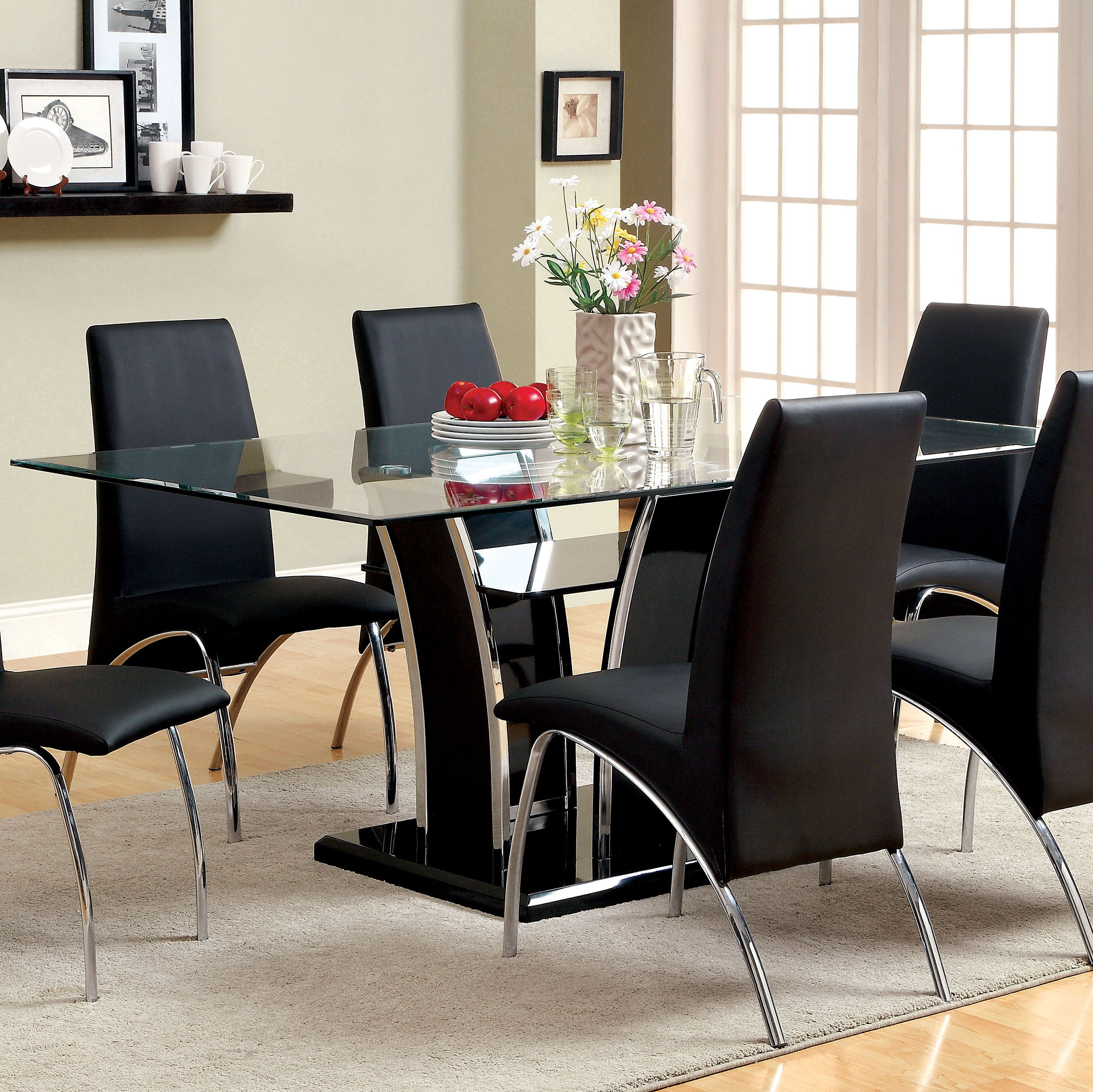 Furniture of America IDF-8372BK-T Luberon Black and Chrome Contemporary/Modern Dining Table, Tempered Glass with Black and Chrome Wood Pedestal Base 72-Inches L x 30.5-Inches H