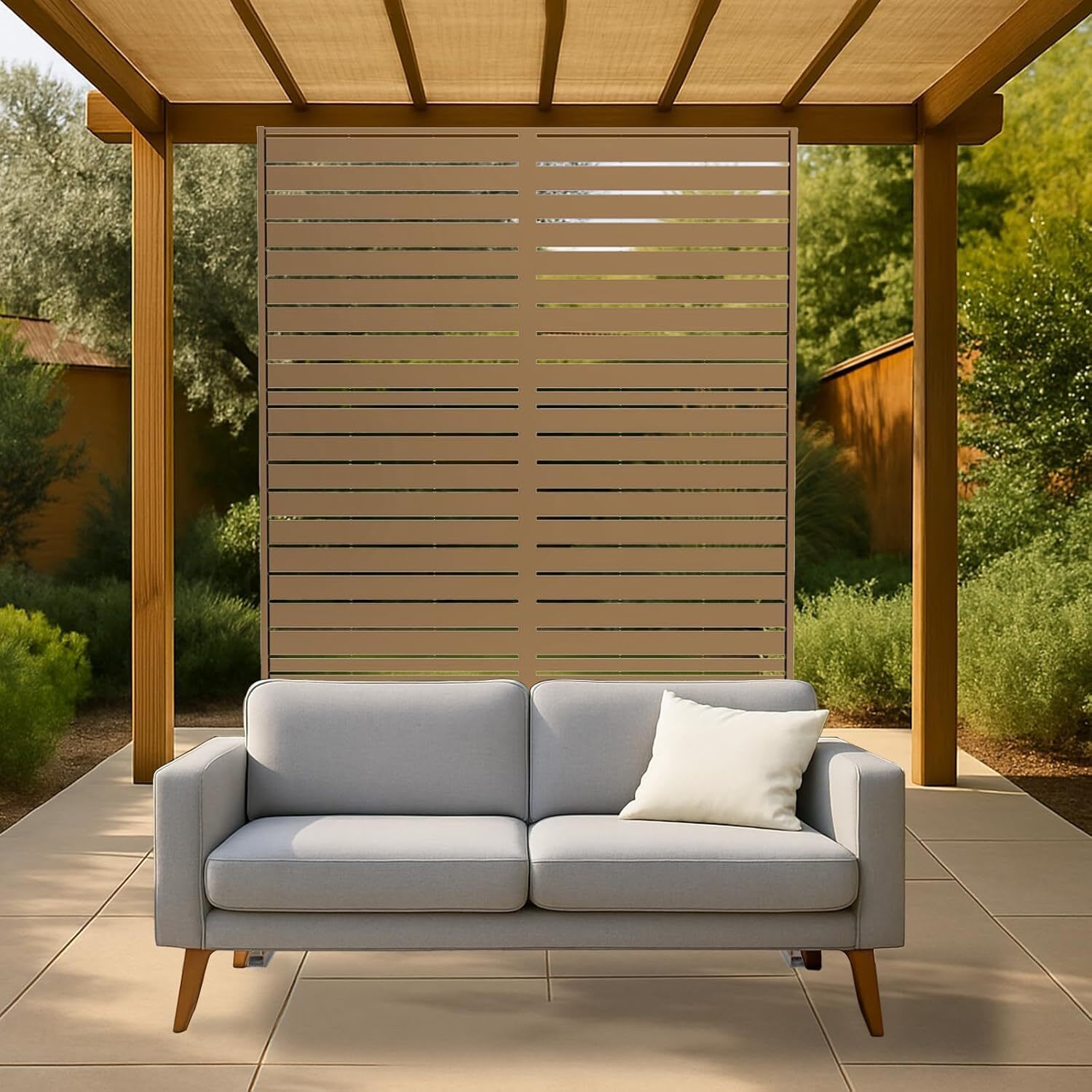 Qeetex GGL-PPG-33Q9O0I7 Metal Privacy Screen Outdoor 72x47in HeavyDuty Galvanized Steel Privacy Fence Decorative Freestanding Panel with Stand Windproof Rustproof Room Divider for Patio Balcony Garden Indoor