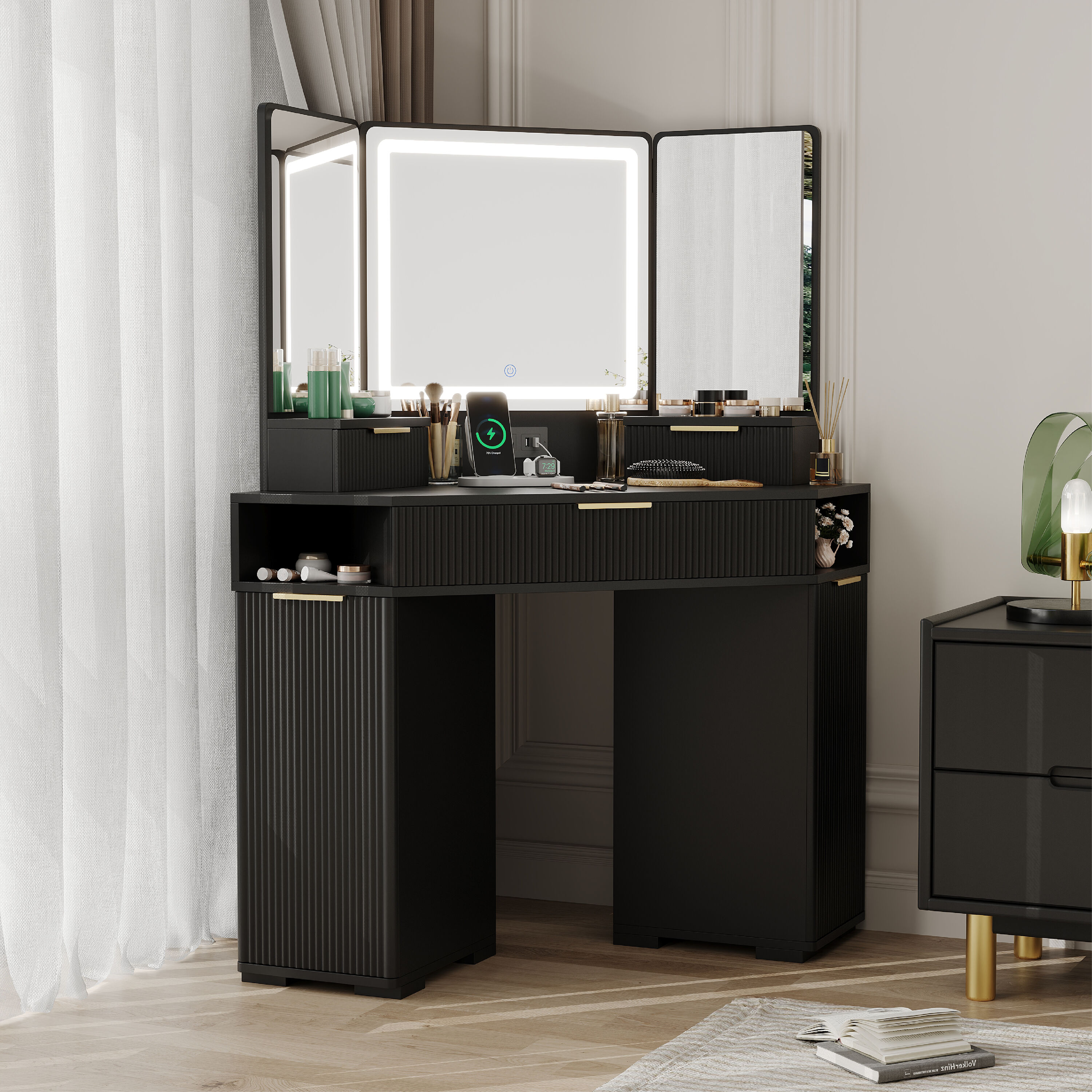black mirrored dressing table Garvee Corner Makeup Vanity Desk with LED Mirror and Lights Fluted Design Vanity with Drawers in the Makeup Vanities department at Round mirror matches round dressing table under 5000 Gold Happy New Year Size:12W