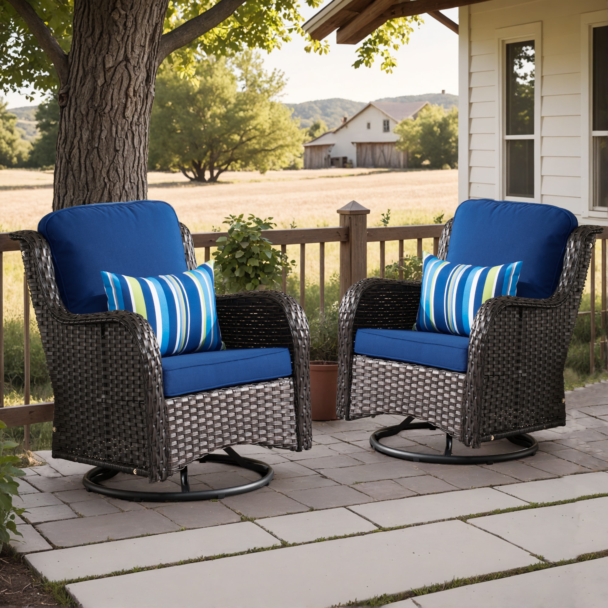 Pouuin SYZNTC702 Set of 2 Wicker Brown Metal Frame Swivel rocker Rocking Chair with Navy Cushioned Seat