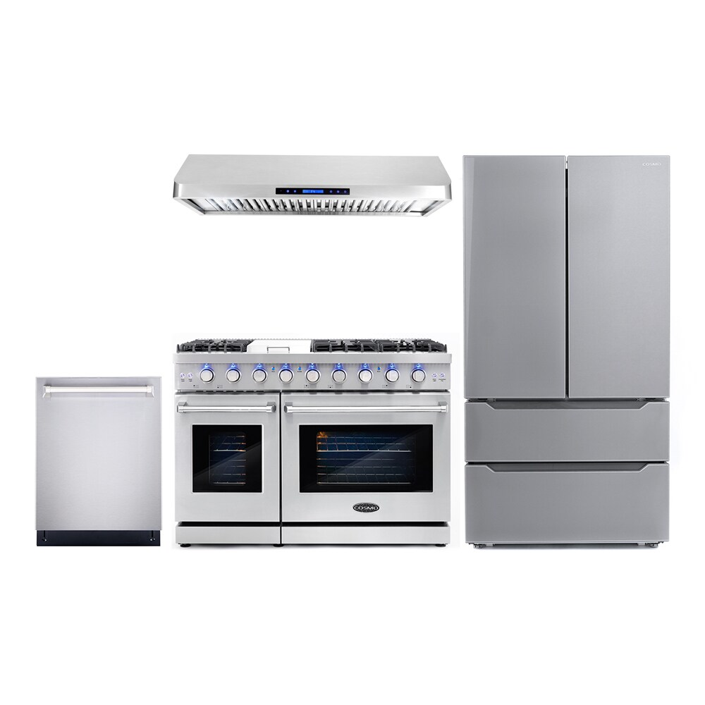 cosmo 4 piece kitchen package with 48" freestanding gas range 48" under  cabinet range hood 24" built-in fully integrated dishwasher & energy star